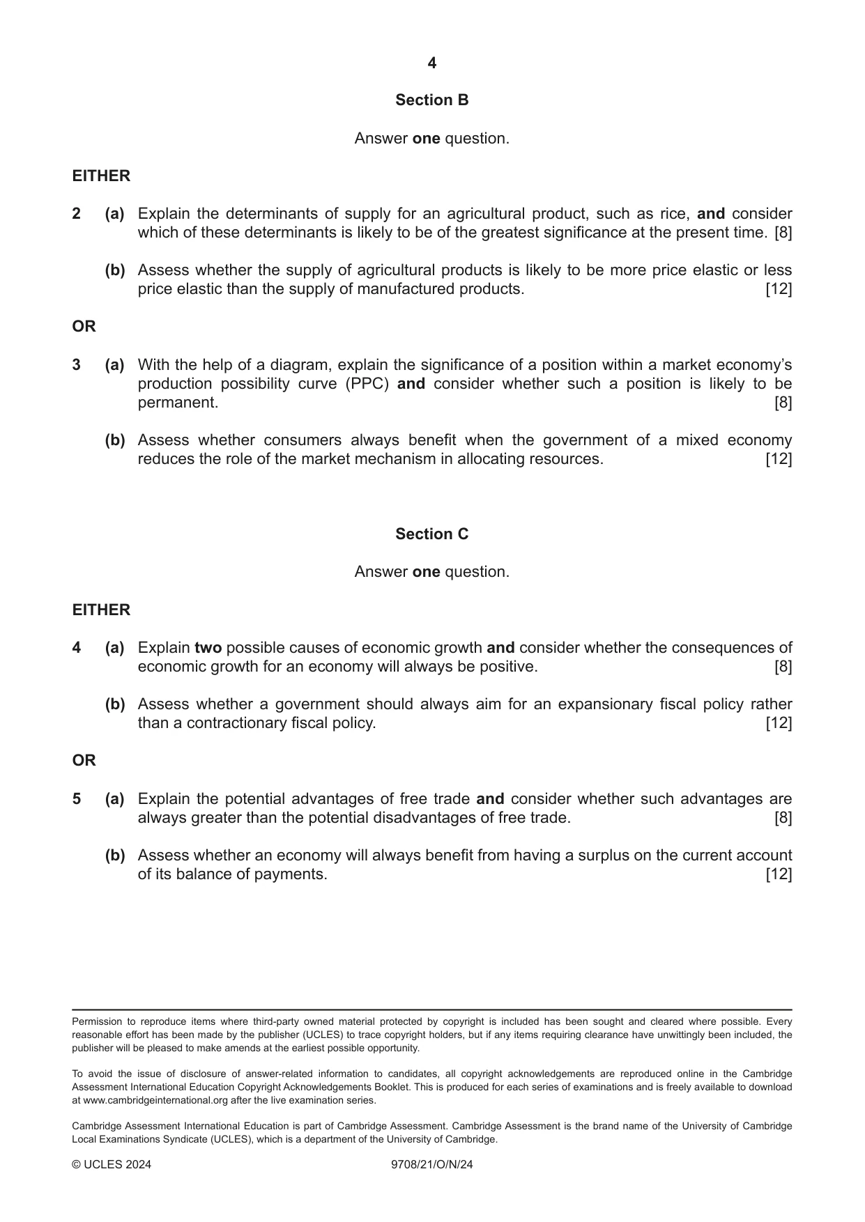 Cambridge A Level Economics 9708 2024 Oct/Nov Paper 2 · Variant 1 question paper, page 4 of 4