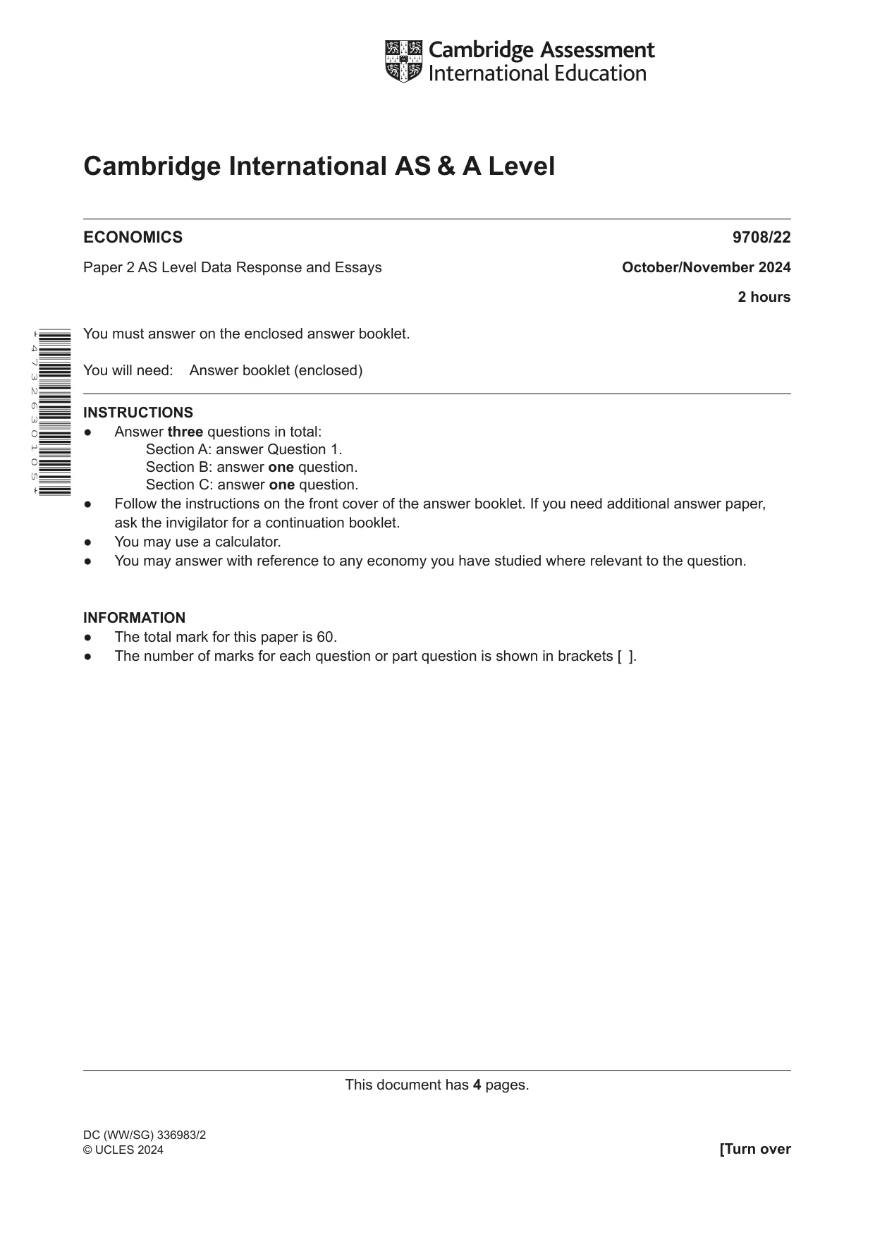 Cambridge A Level Economics 9708 2024 Oct/Nov Paper 2 · Variant 2 question paper, page 1 of 4