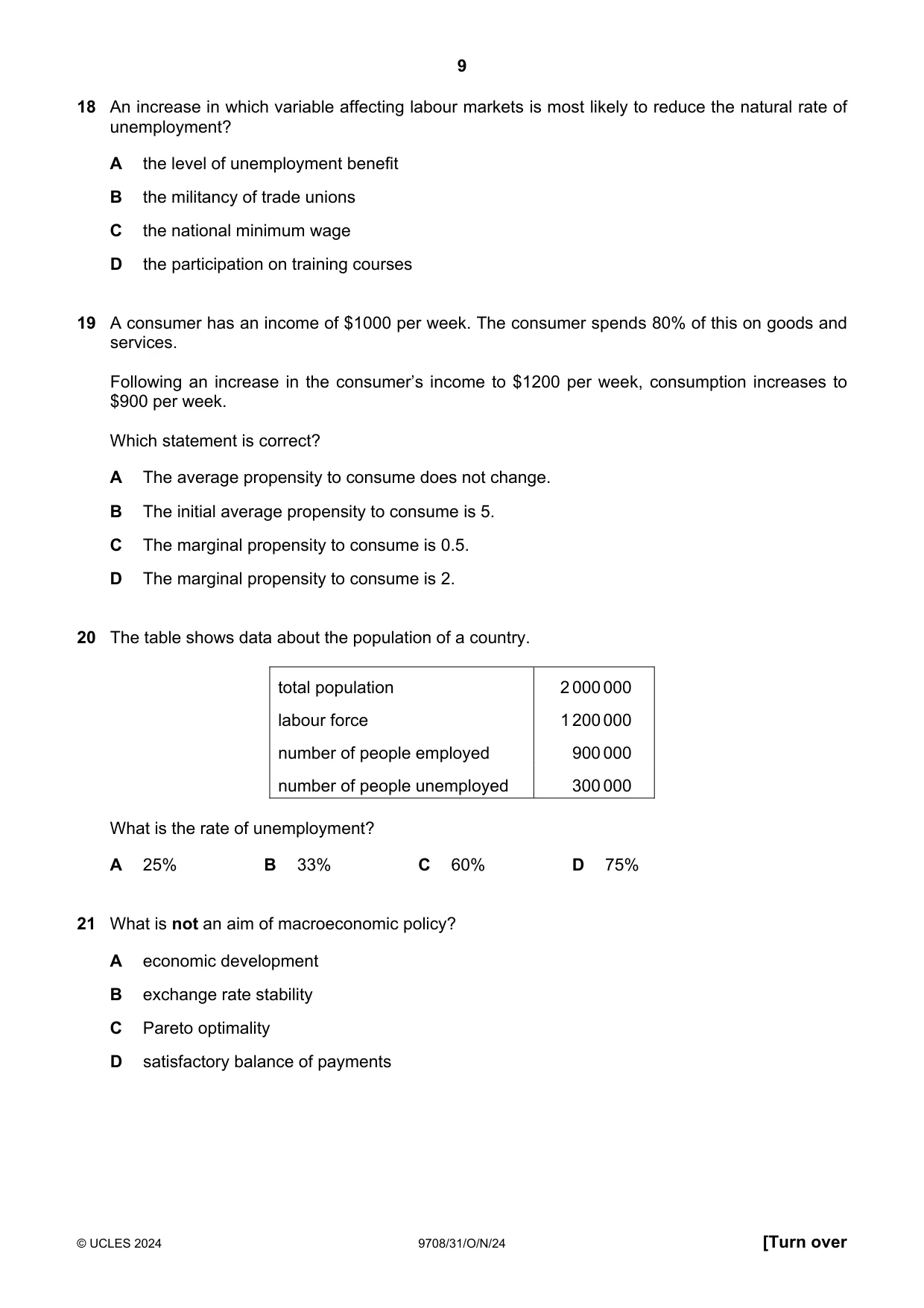 Cambridge A Level Economics 9708 2024 Oct/Nov Paper 3 · Variant 1 question paper, page 9 of 12