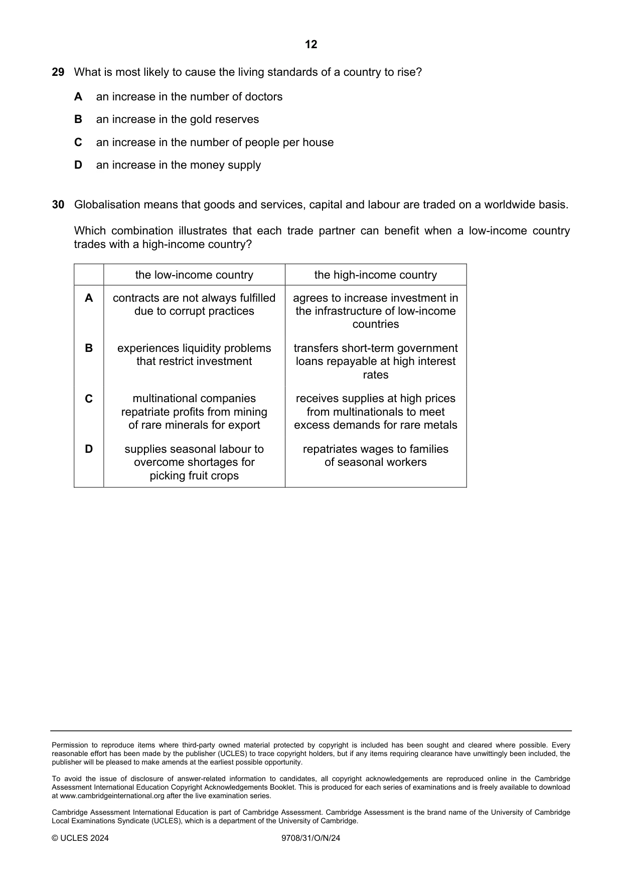 Cambridge A Level Economics 9708 2024 Oct/Nov Paper 3 · Variant 1 question paper, page 12 of 12
