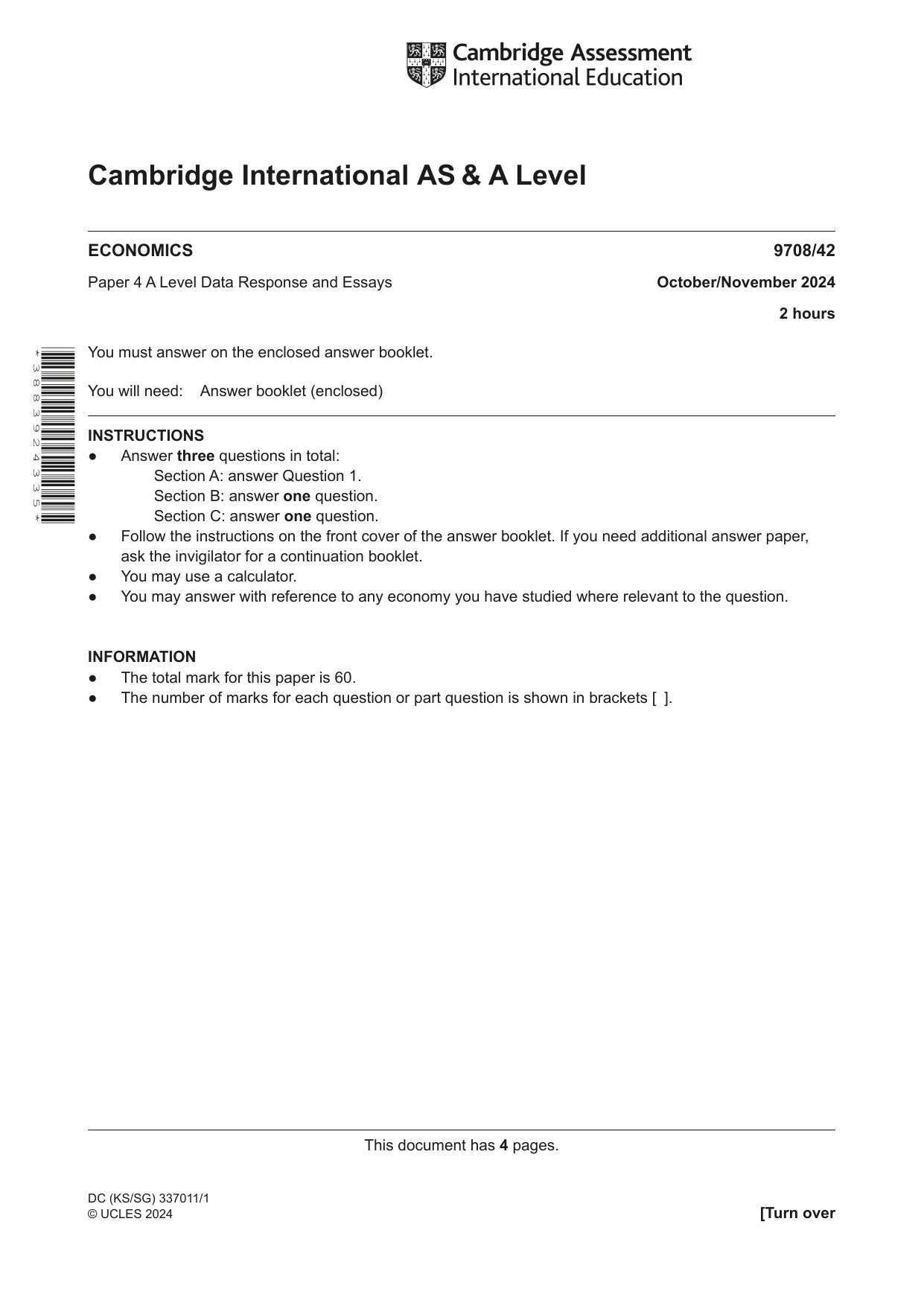Cambridge A Level Economics 9708 2024 Oct/Nov Paper 4 · Variant 2 question paper, page 1 of 4