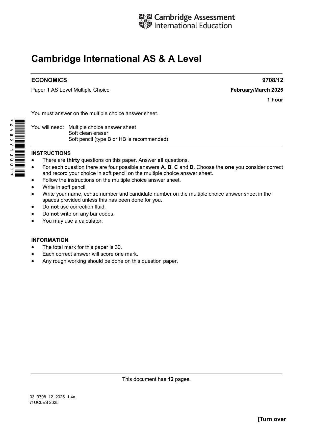 Cambridge A Level Economics 9708 2025 Feb/March Paper 1 · Variant 2 question paper, page 1 of 12