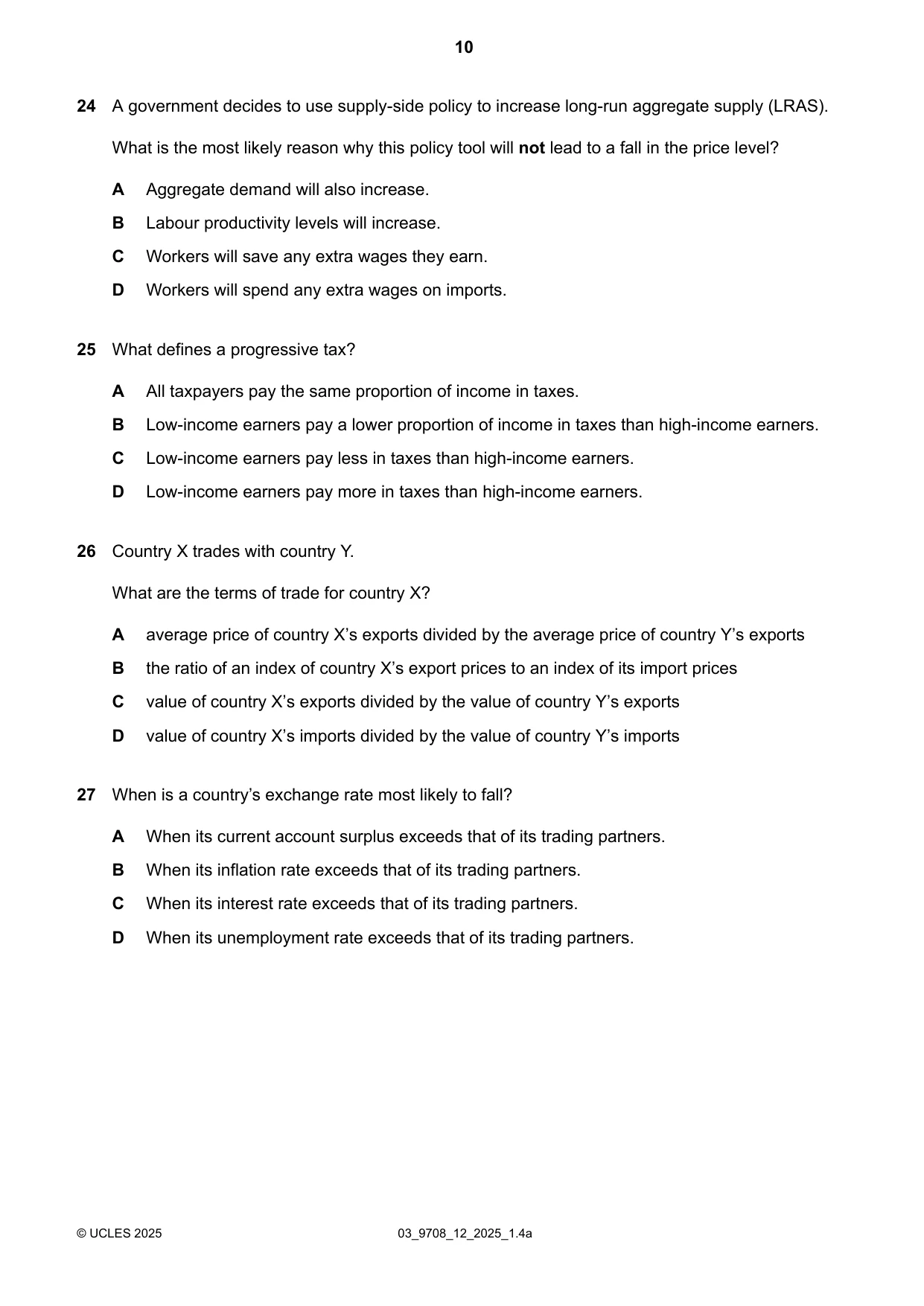 Cambridge A Level Economics 9708 2025 Feb/March Paper 1 · Variant 2 question paper, page 10 of 12