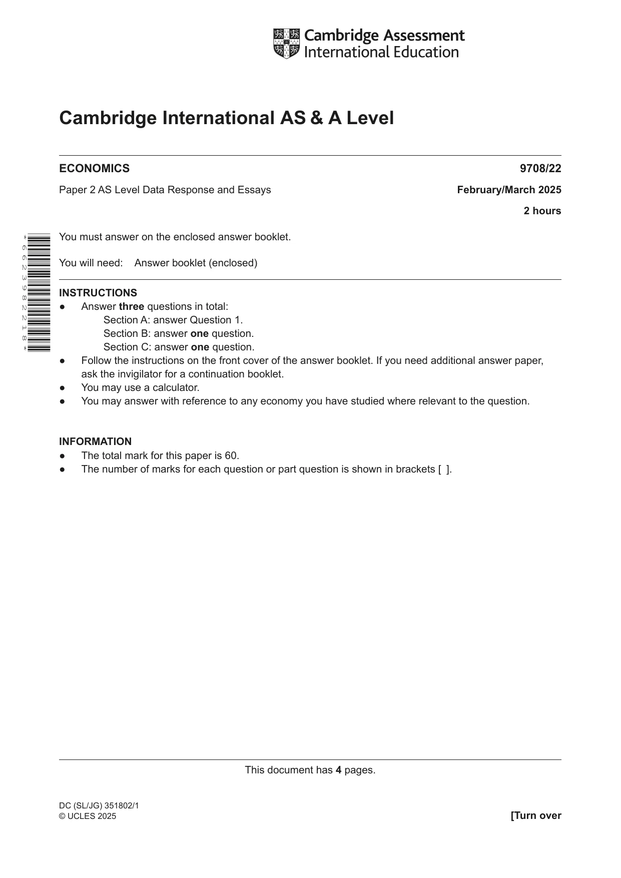 Cambridge A Level Economics 9708 2025 Feb/March Paper 2 · Variant 2 question paper, page 1 of 4