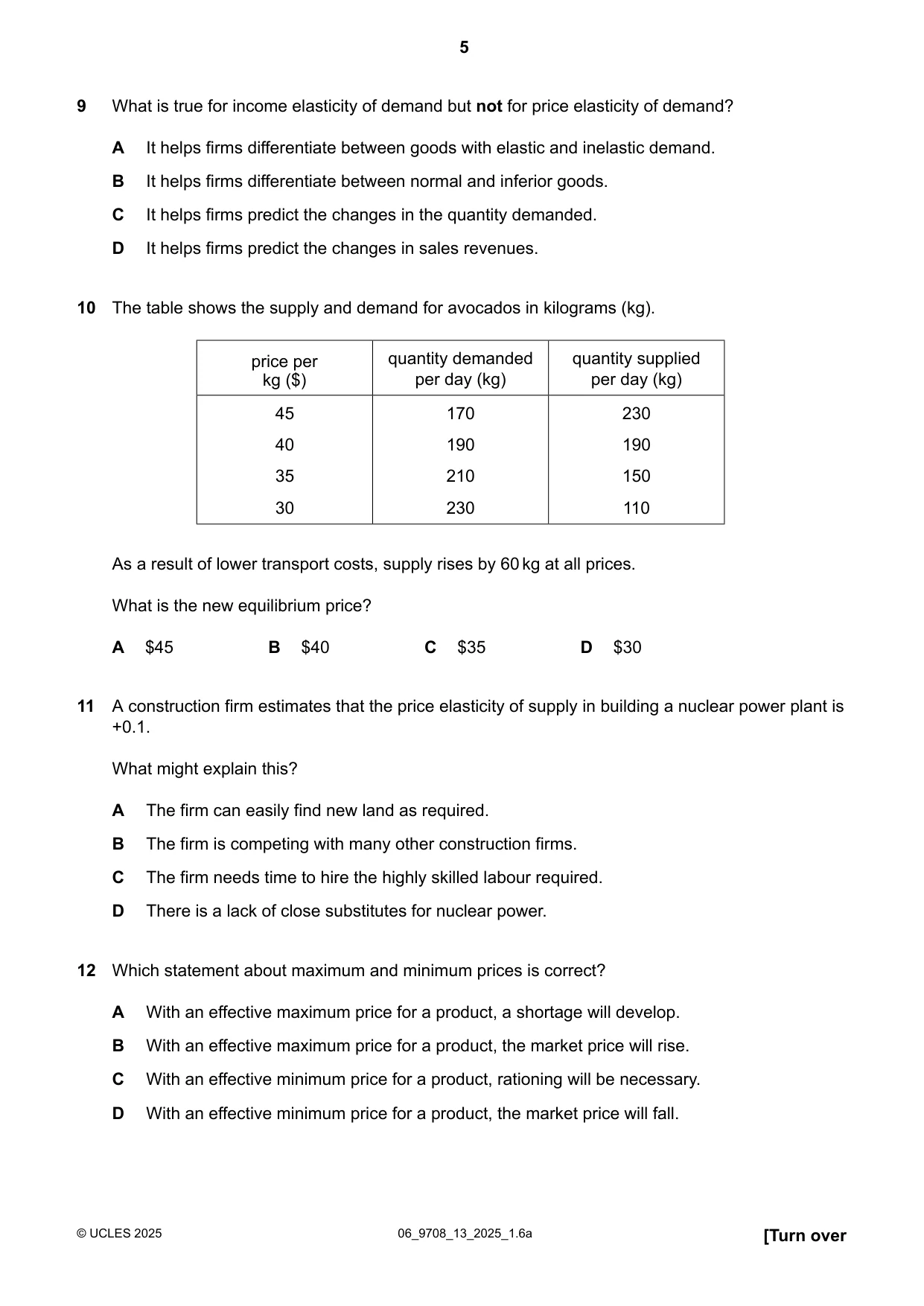 Cambridge A Level Economics 9708 2025 May/June Paper 1 · Variant 3 question paper, page 5 of 12