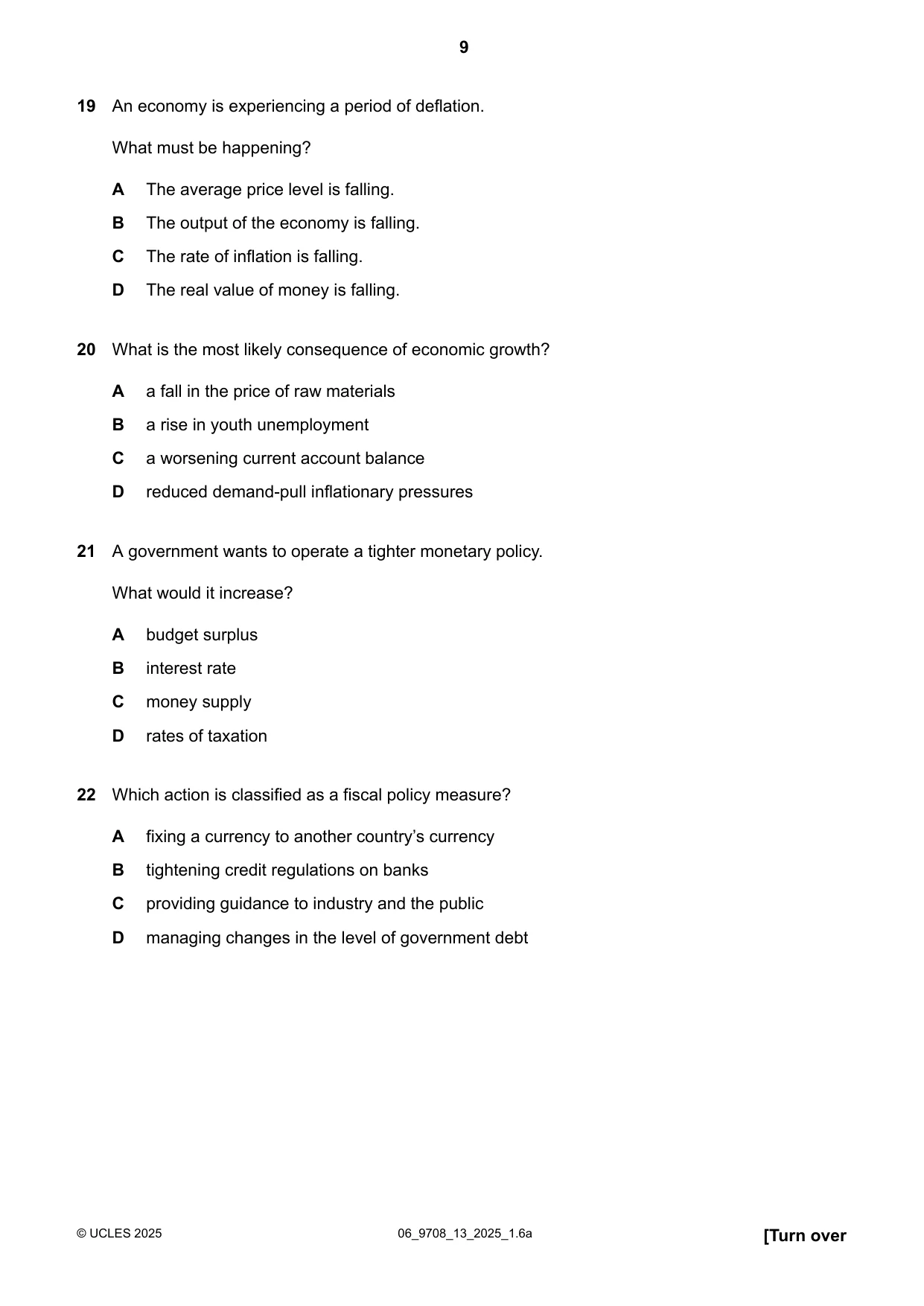Cambridge A Level Economics 9708 2025 May/June Paper 1 · Variant 3 question paper, page 9 of 12
