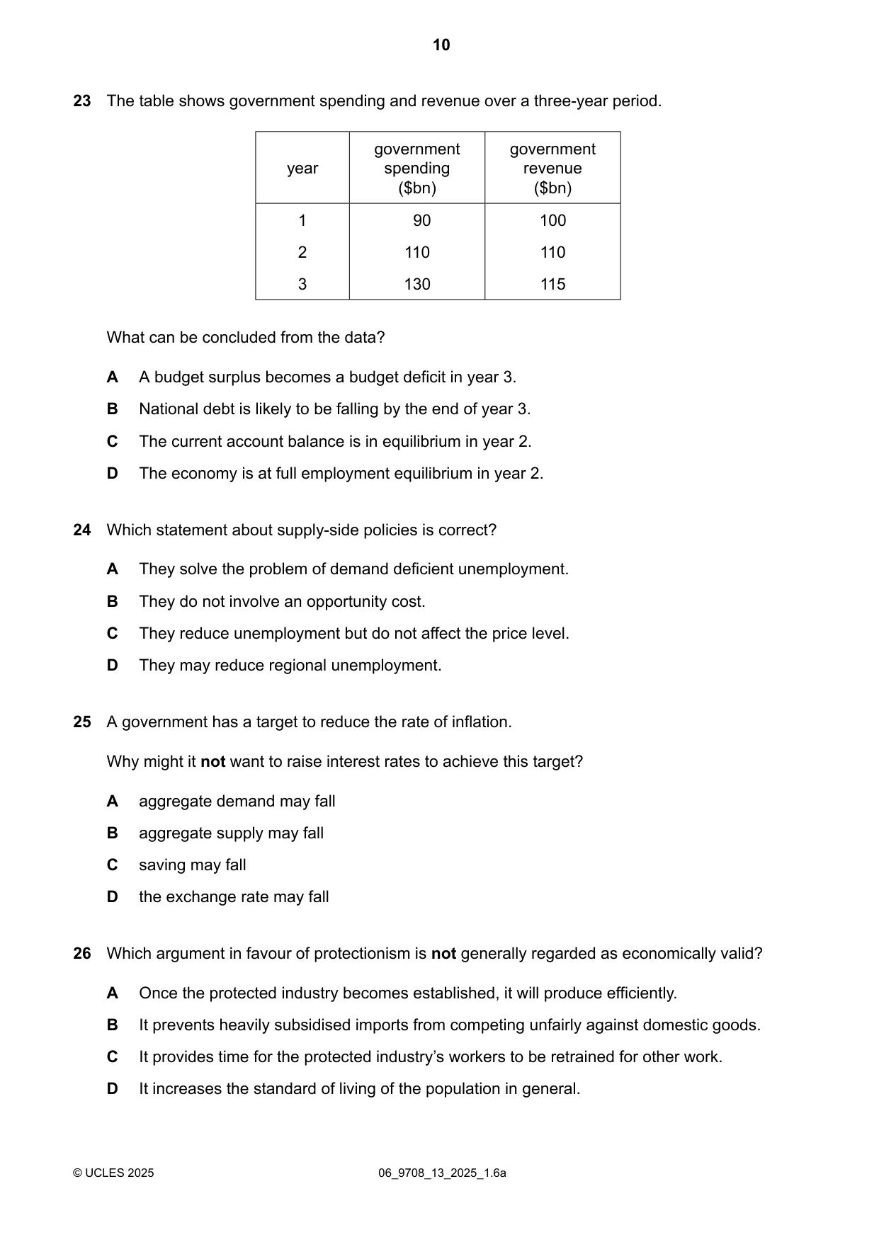 Cambridge A Level Economics 9708 2025 May/June Paper 1 · Variant 3 question paper, page 10 of 12