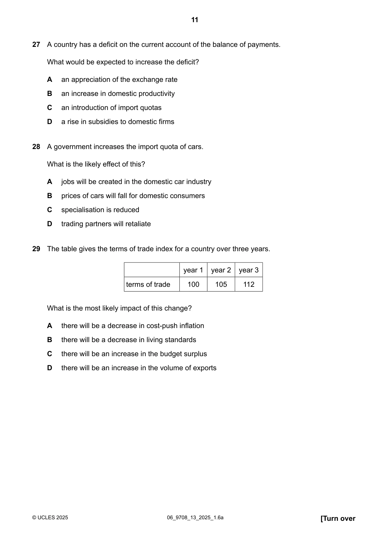 Cambridge A Level Economics 9708 2025 May/June Paper 1 · Variant 3 question paper, page 11 of 12