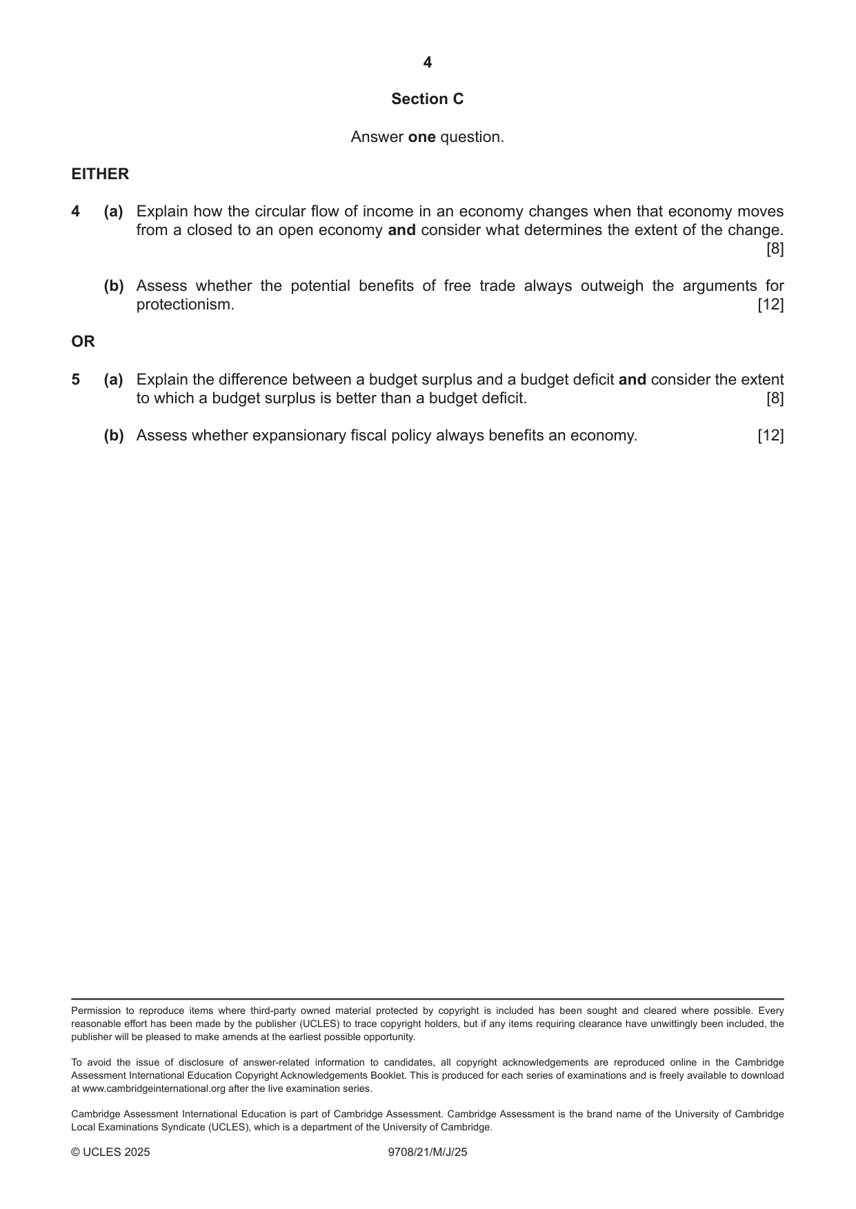 Cambridge A Level Economics 9708 2025 May/June Paper 2 · Variant 1 question paper, page 4 of 4