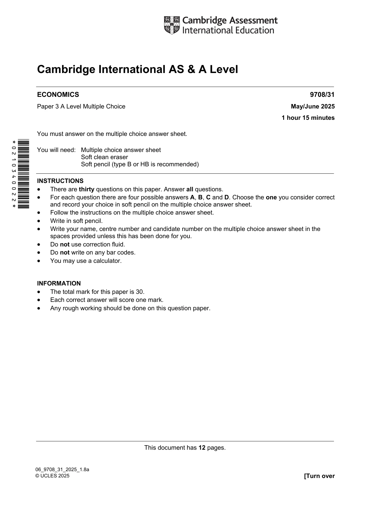 Cambridge A Level Economics 9708 2025 May/June Paper 3 · Variant 1 question paper, page 1 of 12