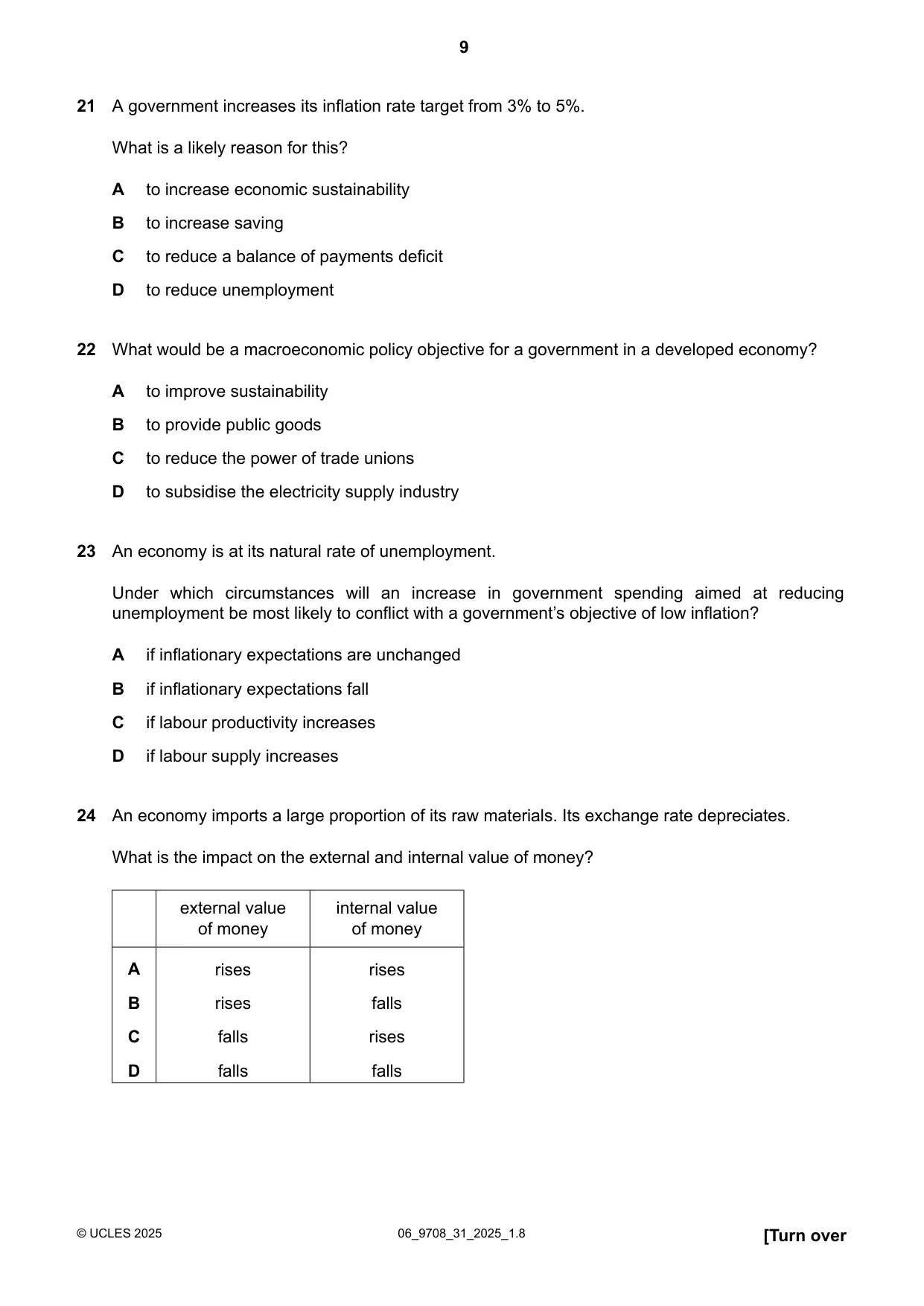 Cambridge A Level Economics 9708 2025 May/June Paper 3 · Variant 1 question paper, page 9 of 12