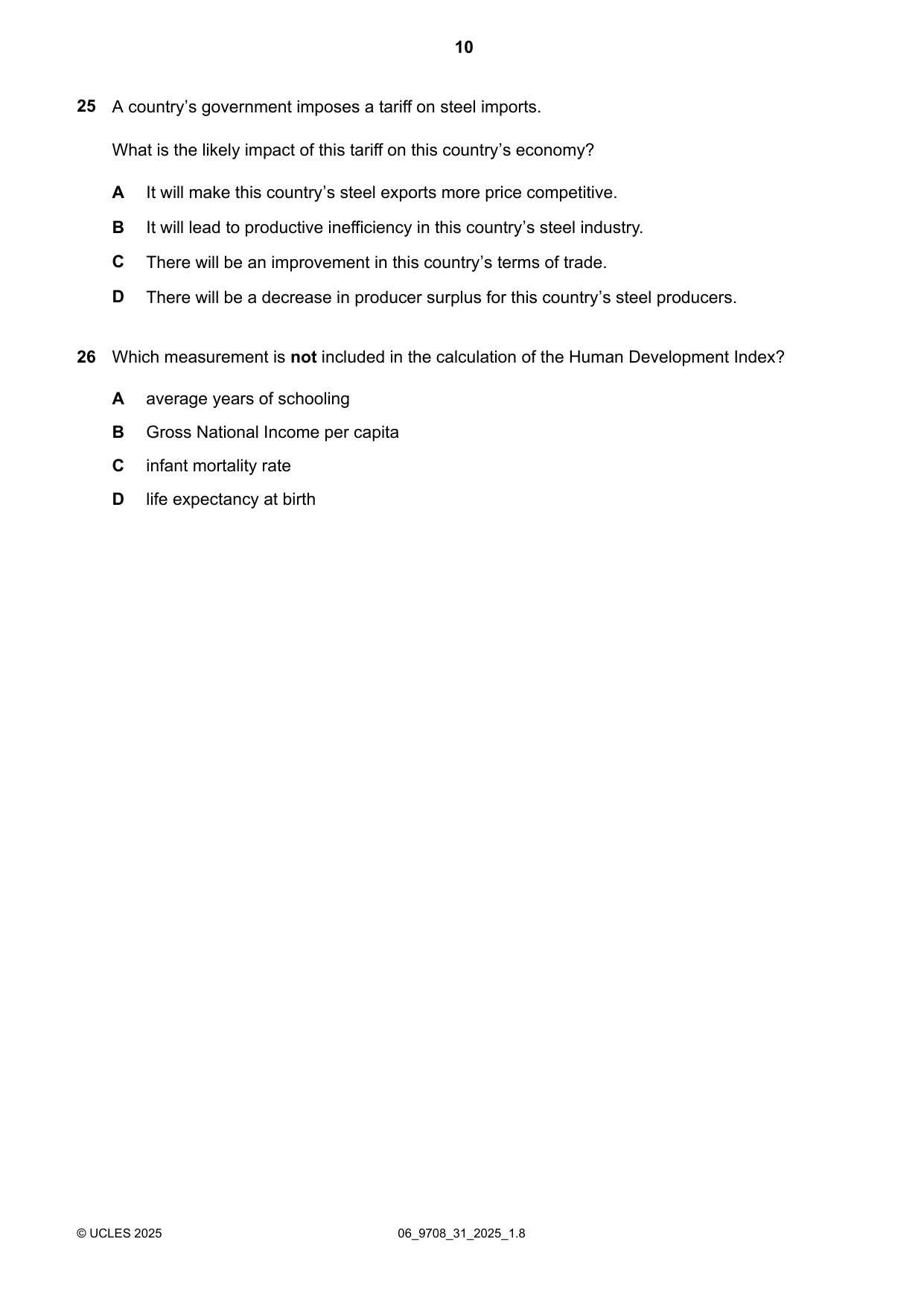 Cambridge A Level Economics 9708 2025 May/June Paper 3 · Variant 1 question paper, page 10 of 12