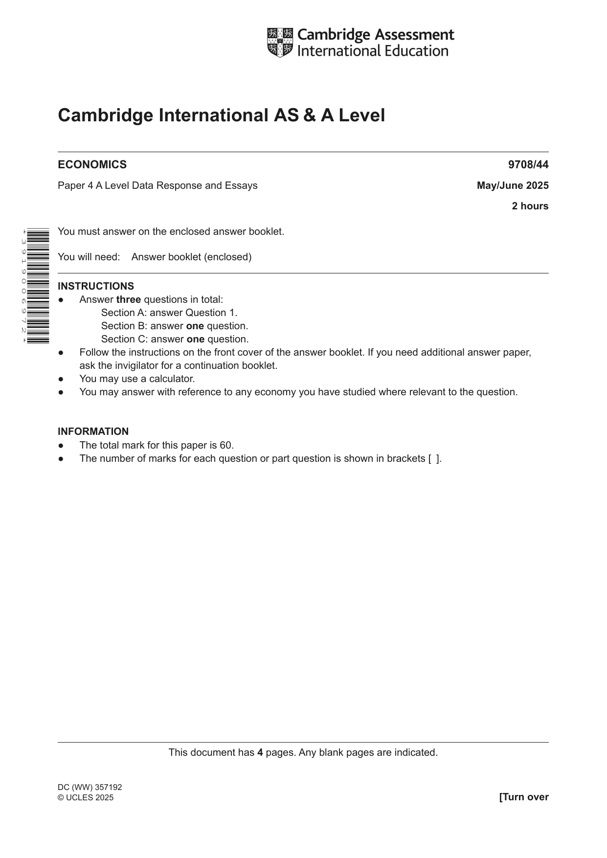 Cambridge A Level Economics 9708 2025 May/June Paper 4 · Variant 4 question paper, page 1 of 4