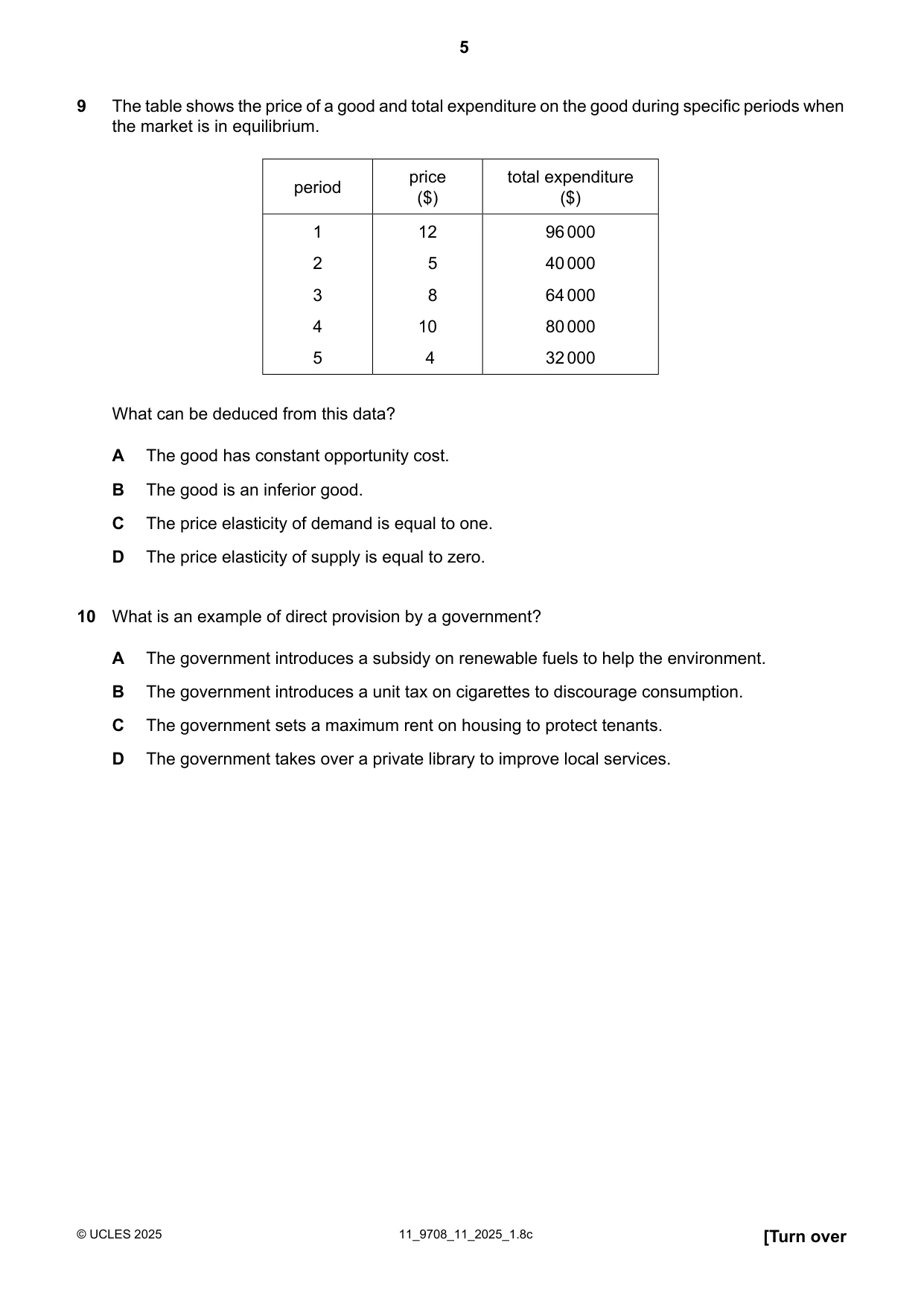 Cambridge A Level Economics 9708 2025 Oct/Nov Paper 1 · Variant 1 question paper, page 5 of 12