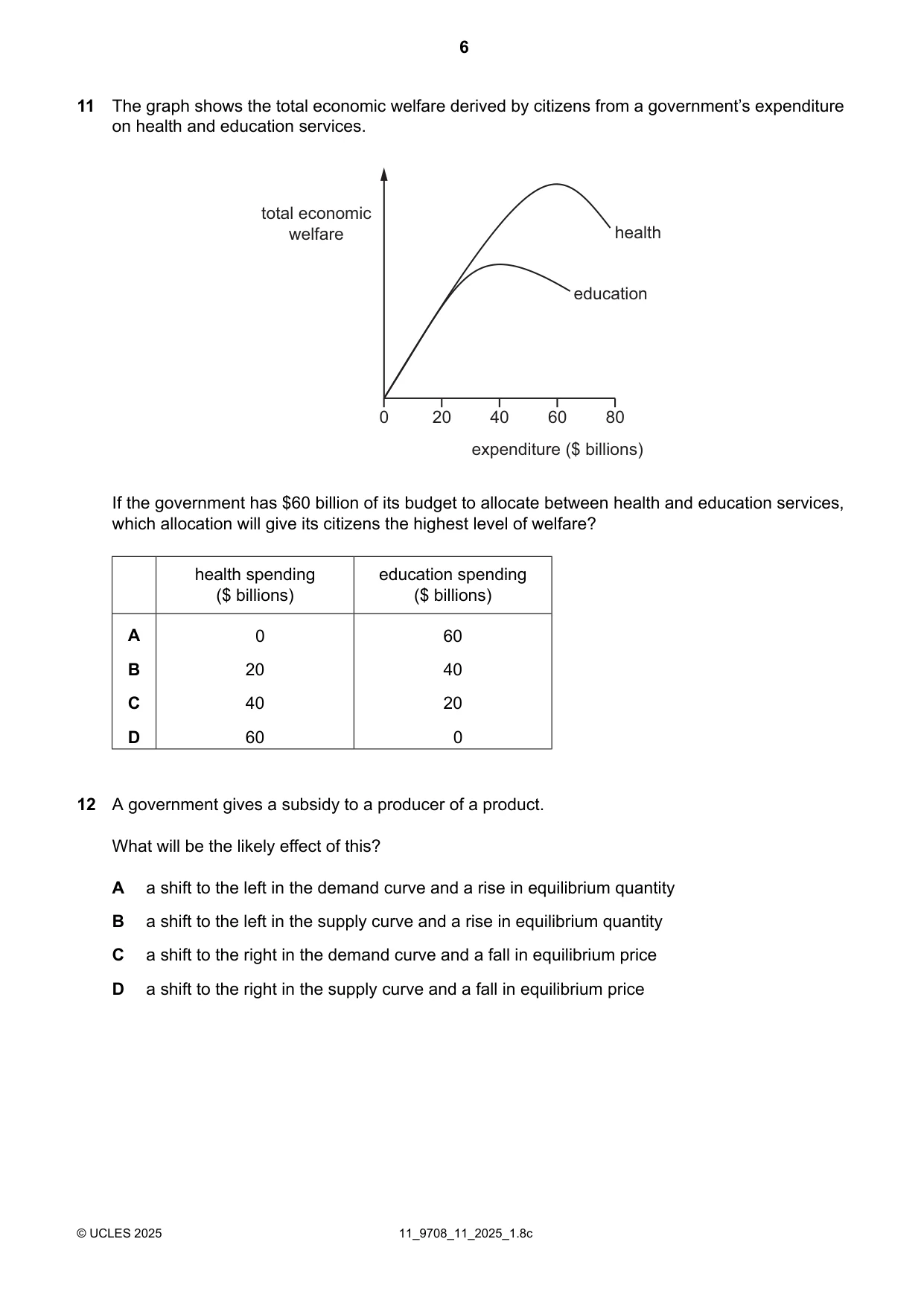 Cambridge A Level Economics 9708 2025 Oct/Nov Paper 1 · Variant 1 question paper, page 6 of 12