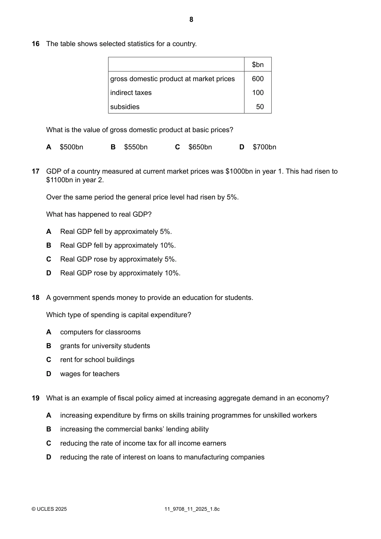 Cambridge A Level Economics 9708 2025 Oct/Nov Paper 1 · Variant 1 question paper, page 8 of 12