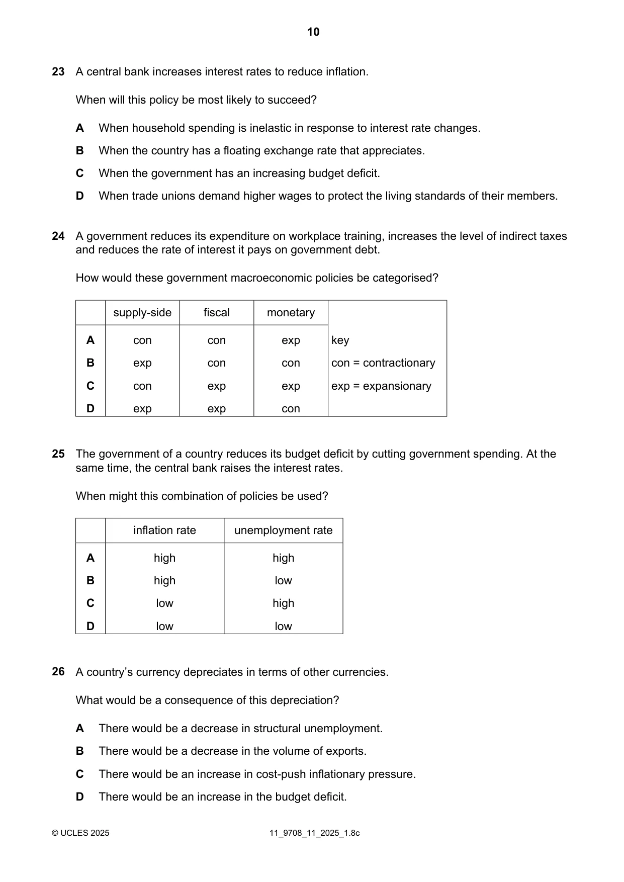 Cambridge A Level Economics 9708 2025 Oct/Nov Paper 1 · Variant 1 question paper, page 10 of 12