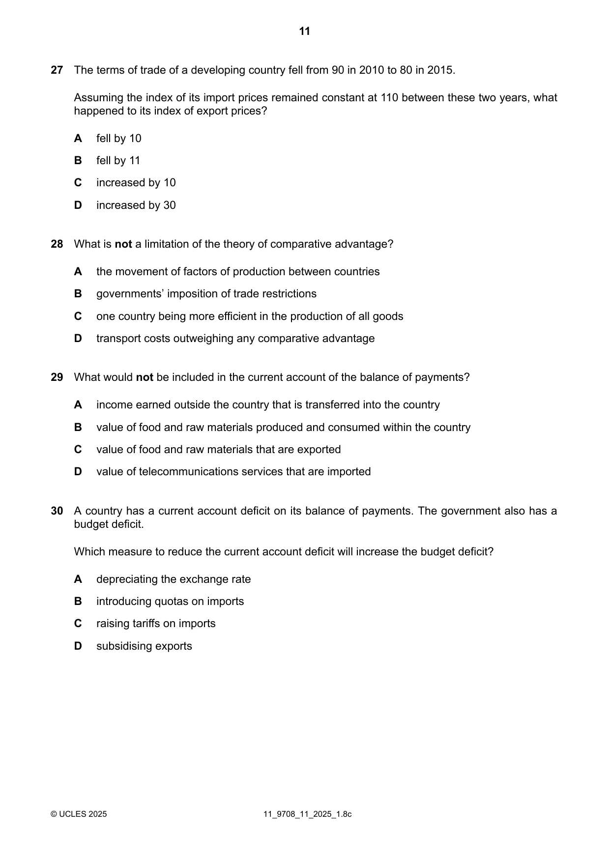 Cambridge A Level Economics 9708 2025 Oct/Nov Paper 1 · Variant 1 question paper, page 11 of 12