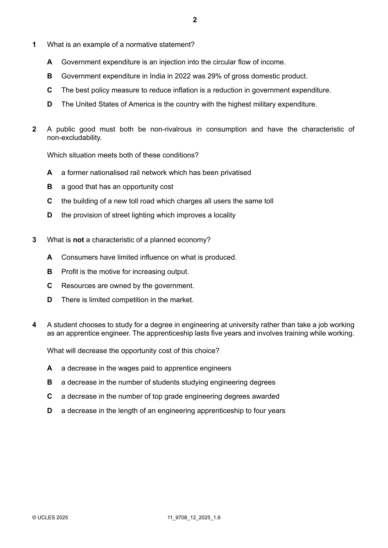 Cambridge A Level Economics 9708 2025 Oct/Nov Paper 1 · Variant 2 question paper, page 2 of 12