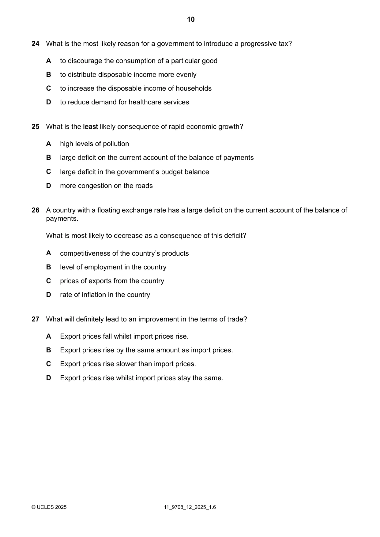 Cambridge A Level Economics 9708 2025 Oct/Nov Paper 1 · Variant 2 question paper, page 10 of 12