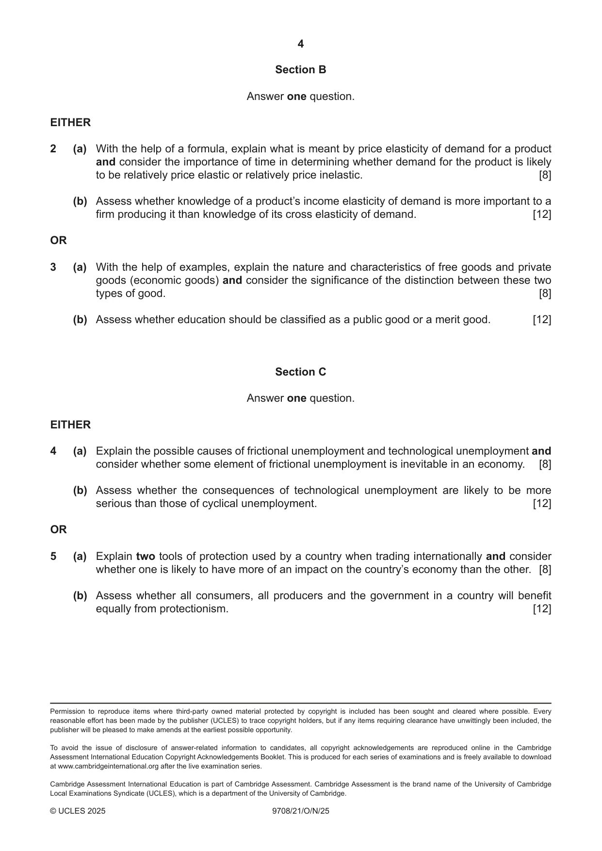 Cambridge A Level Economics 9708 2025 Oct/Nov Paper 2 · Variant 1 question paper, page 4 of 4