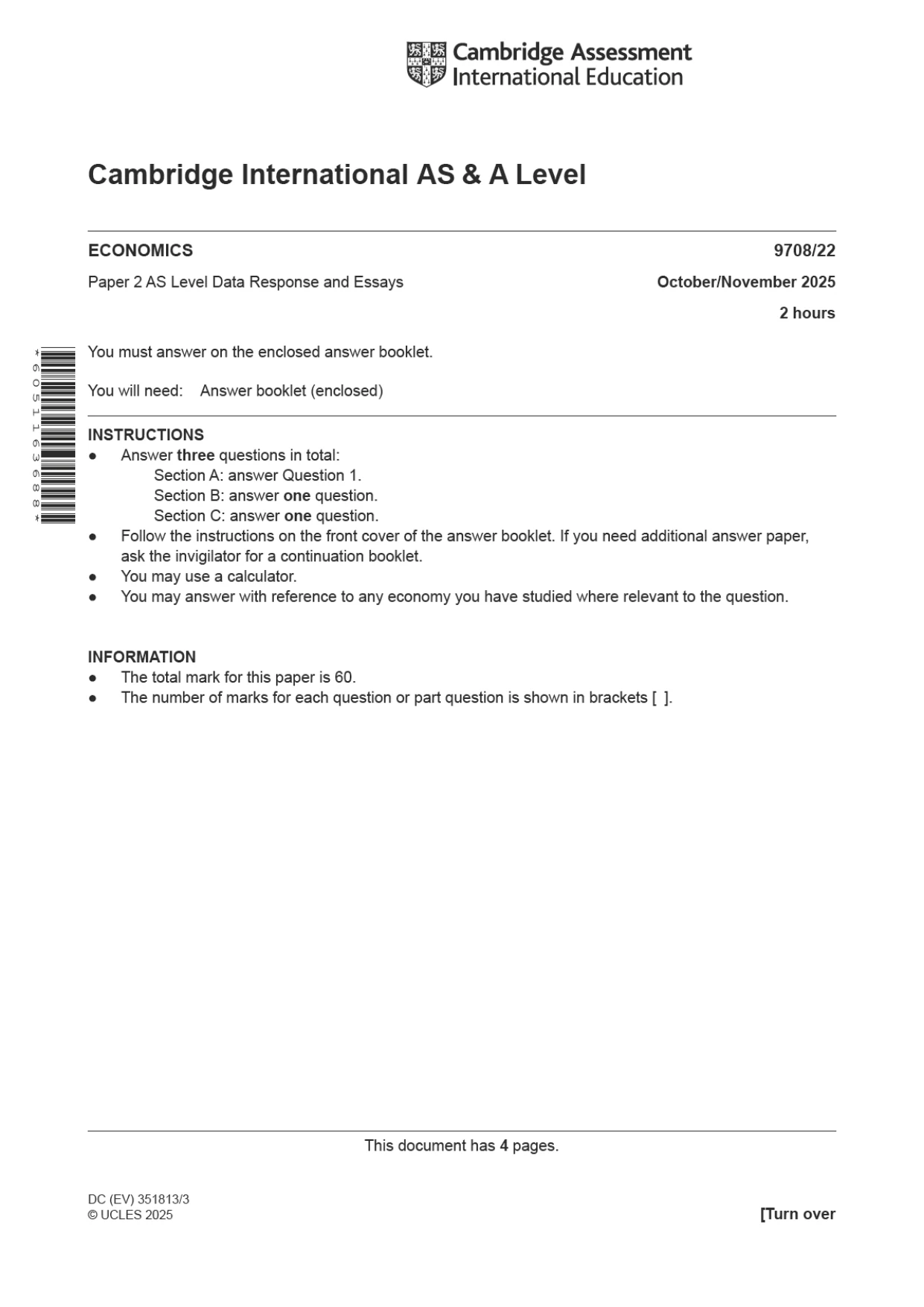 Cambridge A Level Economics 9708 2025 Oct/Nov Paper 2 · Variant 2 question paper, page 1 of 4