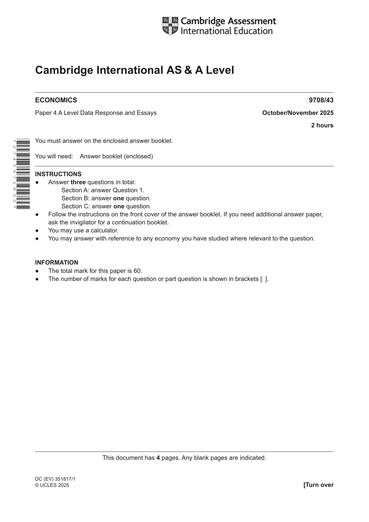 Cambridge A Level Economics 9708 2025 Oct/Nov Paper 4 · Variant 3 question paper, page 1 of 4