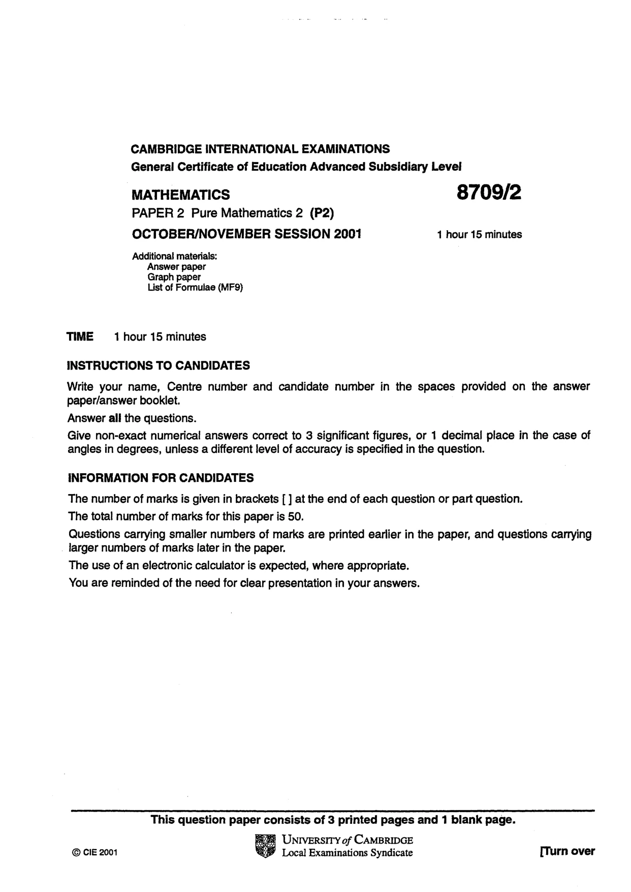 Cambridge A Level Mathematics 9709 2001 Oct/Nov Paper 2 · Variant 1 question paper, page 1 of 4