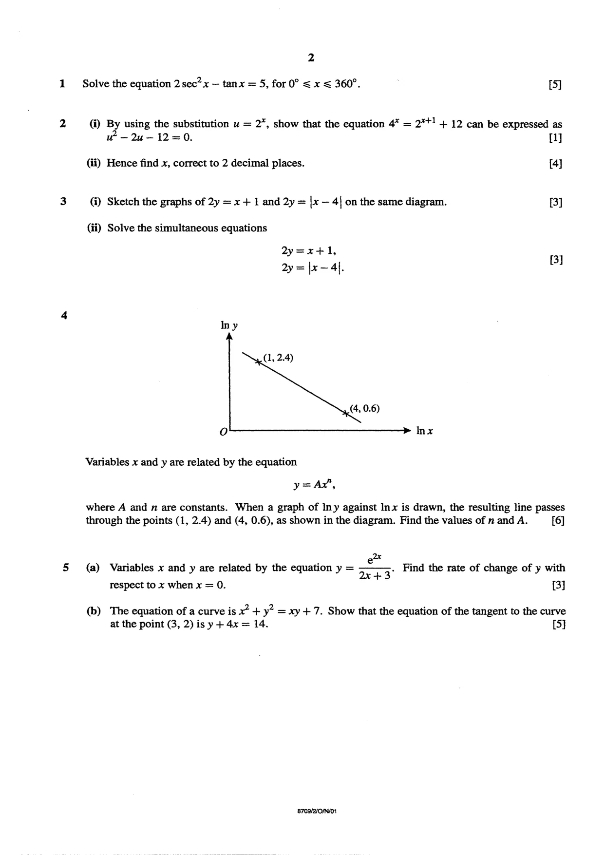 Cambridge A Level Mathematics 9709 2001 Oct/Nov Paper 2 · Variant 1 question paper, page 2 of 4