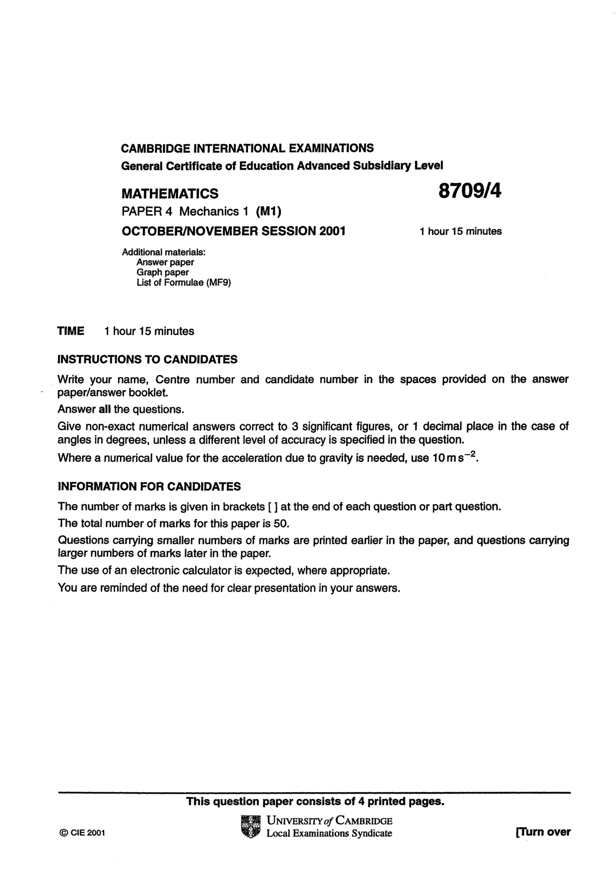 Cambridge A Level Mathematics 9709 2001 Oct/Nov Paper 4 · Variant 1 question paper, page 1 of 4