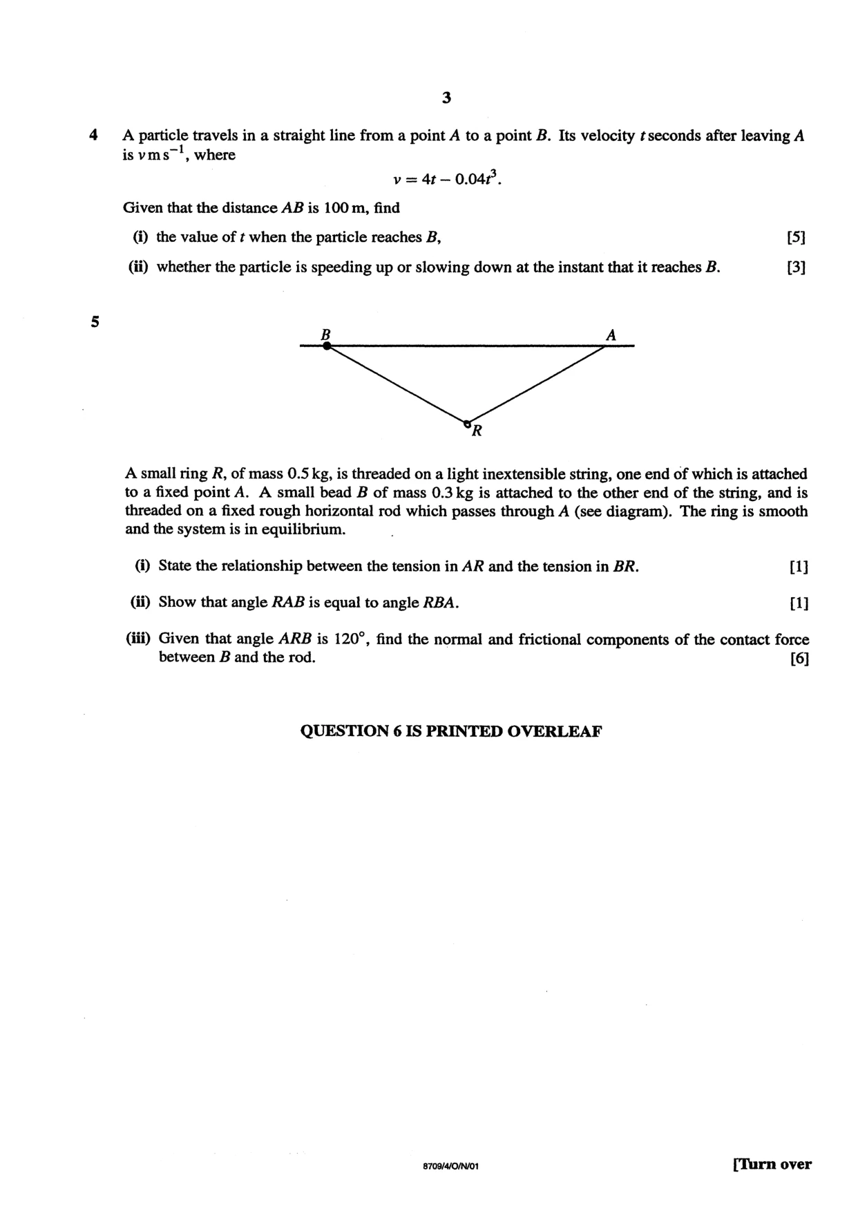 Cambridge A Level Mathematics 9709 2001 Oct/Nov Paper 4 · Variant 1 question paper, page 3 of 4
