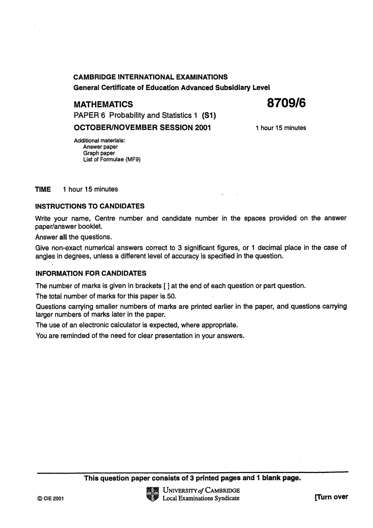 Cambridge A Level Mathematics 9709 2001 Oct/Nov Paper 6 · Variant 1 question paper, page 1 of 4
