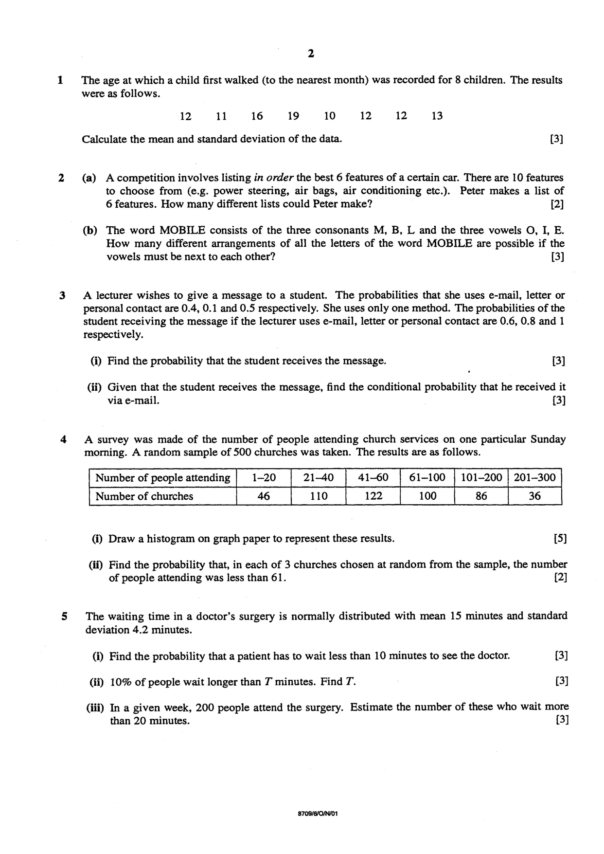 Cambridge A Level Mathematics 9709 2001 Oct/Nov Paper 6 · Variant 1 question paper, page 2 of 4