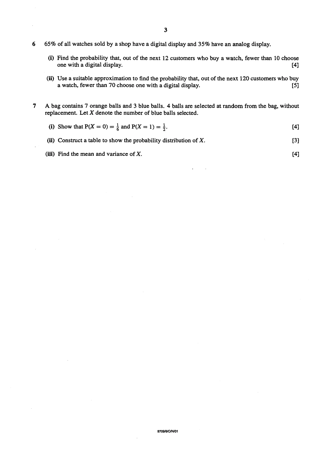 Cambridge A Level Mathematics 9709 2001 Oct/Nov Paper 6 · Variant 1 question paper, page 3 of 4