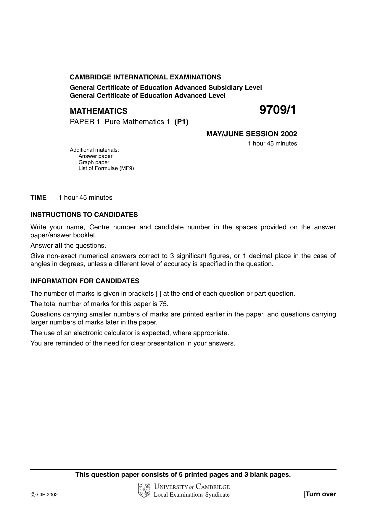 Cambridge A Level Mathematics 9709 2002 May/June Paper 1 · Variant 1 question paper, page 1 of 8