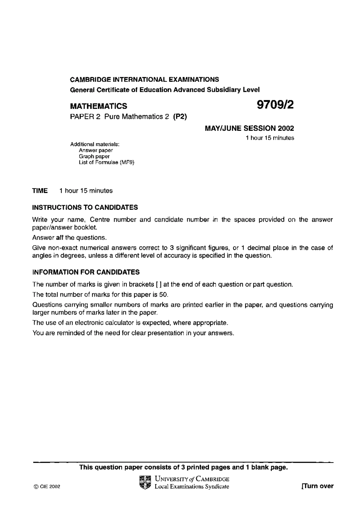 Cambridge A Level Mathematics 9709 2002 May/June Paper 2 · Variant 1 question paper, page 1 of 4