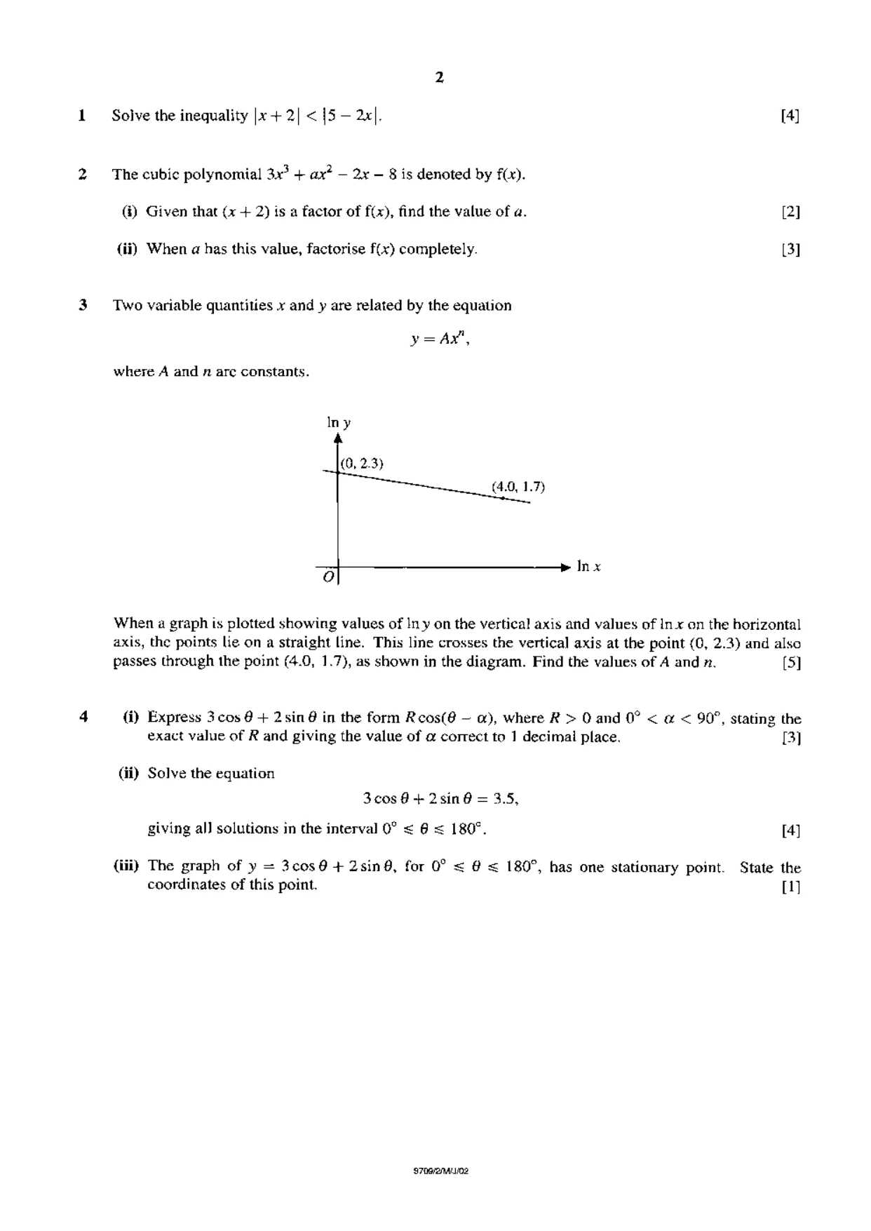 Cambridge A Level Mathematics 9709 2002 May/June Paper 2 · Variant 1 question paper, page 2 of 4
