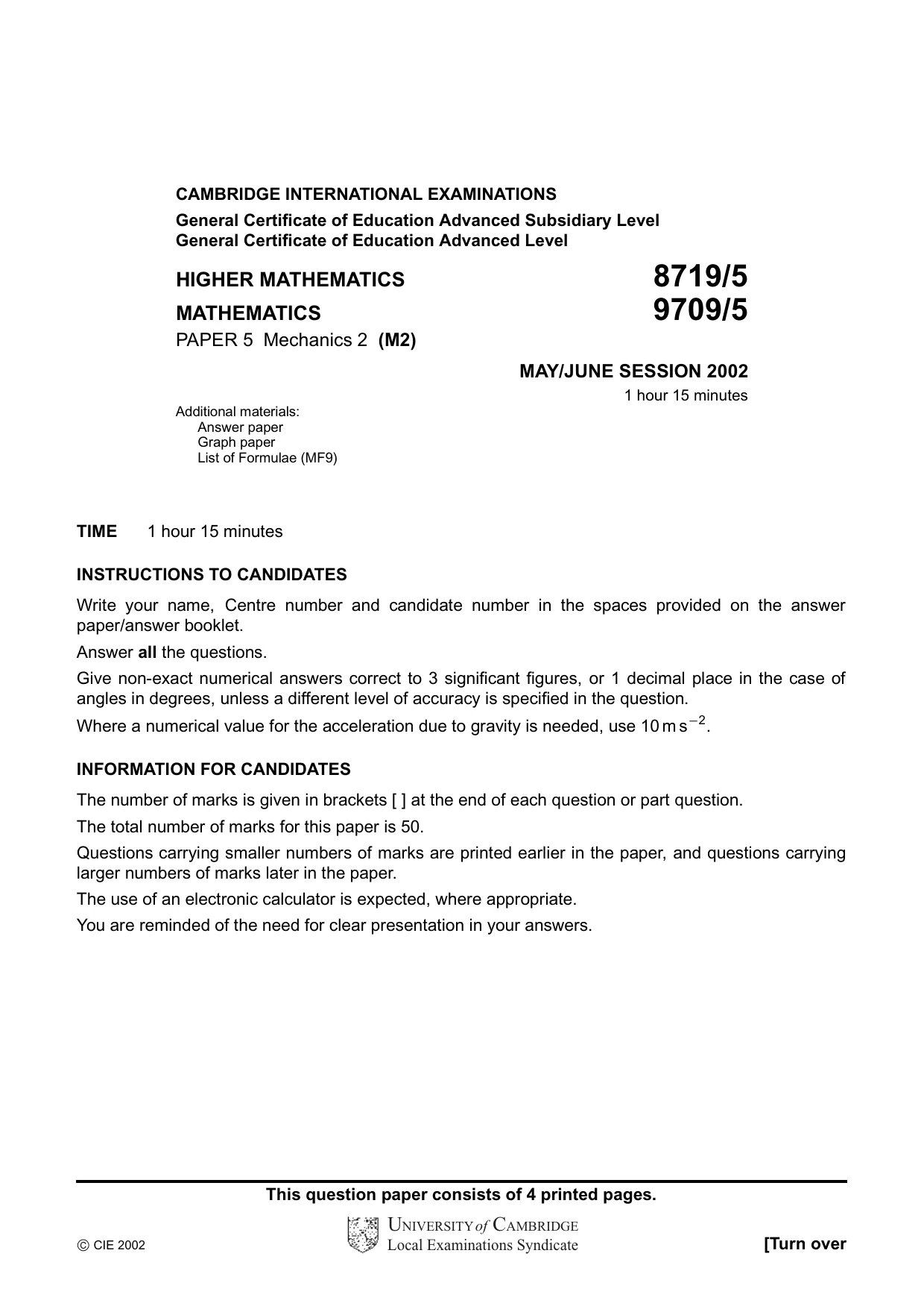 Cambridge A Level Mathematics 9709 2002 May/June Paper 5 · Variant 1 question paper, page 1 of 4