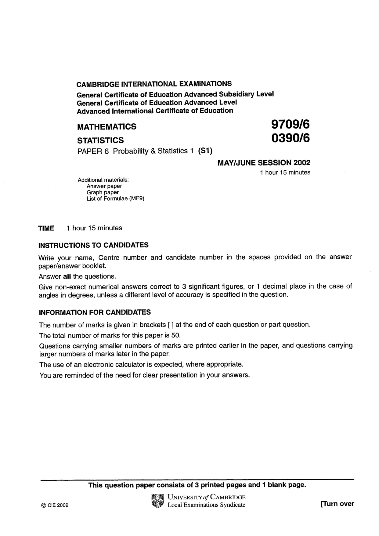 Cambridge A Level Mathematics 9709 2002 May/June Paper 6 · Variant 1 question paper, page 1 of 4