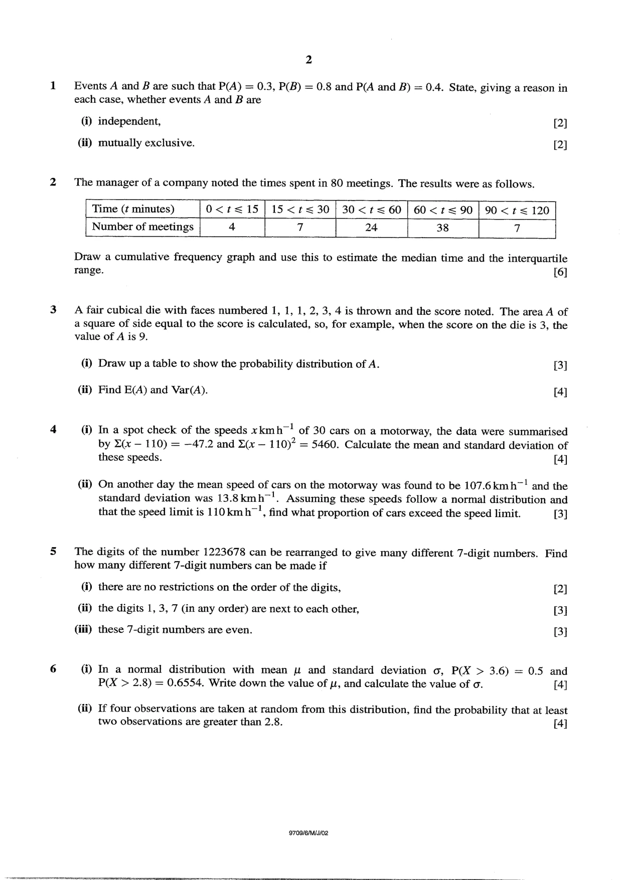 Cambridge A Level Mathematics 9709 2002 May/June Paper 6 · Variant 1 question paper, page 2 of 4