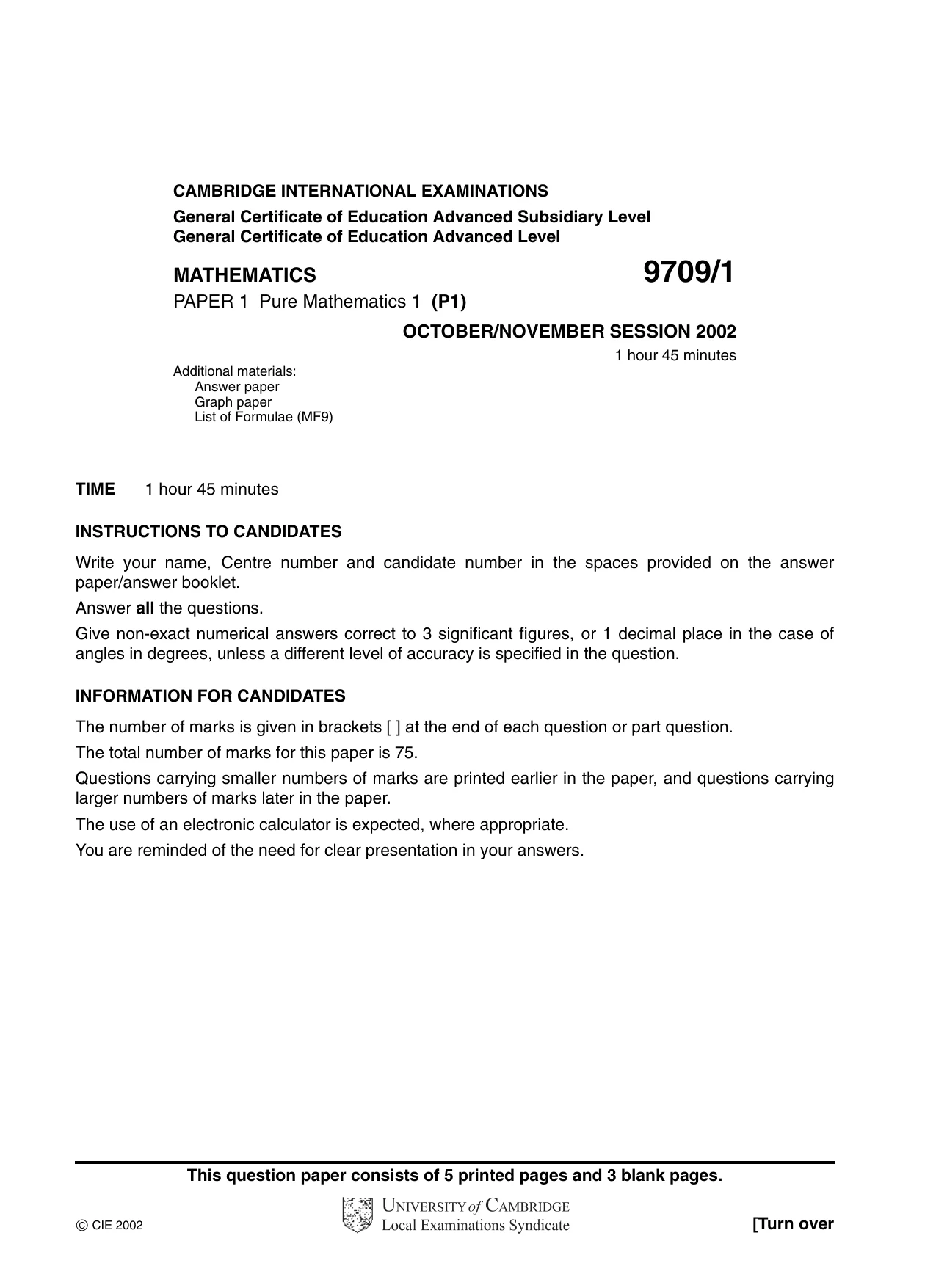 Cambridge A Level Mathematics 9709 2002 Oct/Nov Paper 1 · Variant 1 question paper, page 1 of 8