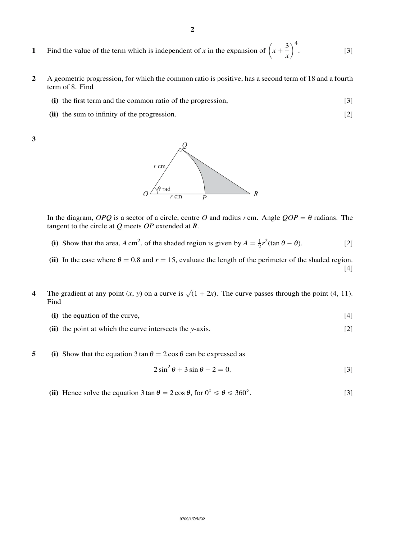 Cambridge A Level Mathematics 9709 2002 Oct/Nov Paper 1 · Variant 1 question paper, page 2 of 8