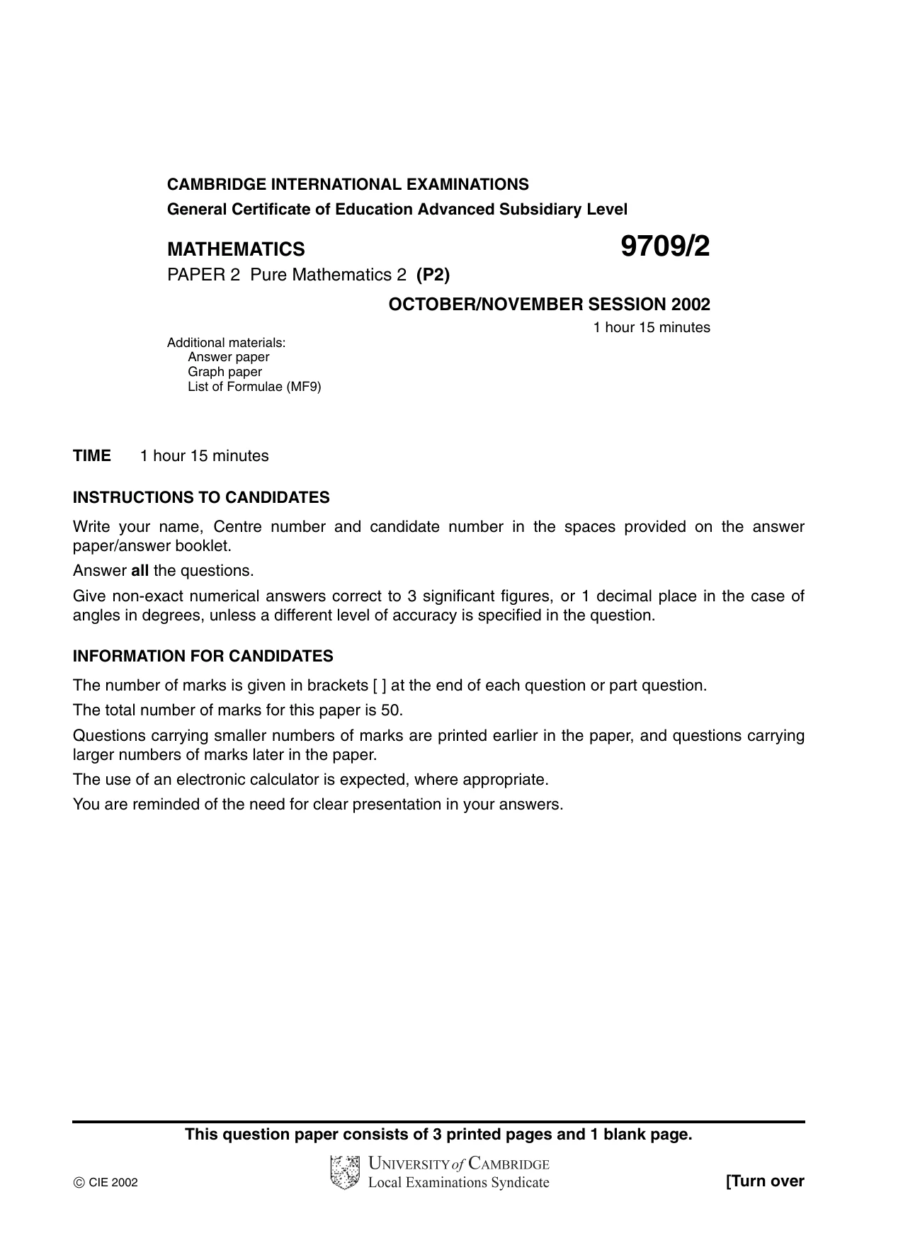 Cambridge A Level Mathematics 9709 2002 Oct/Nov Paper 2 · Variant 1 question paper, page 1 of 4