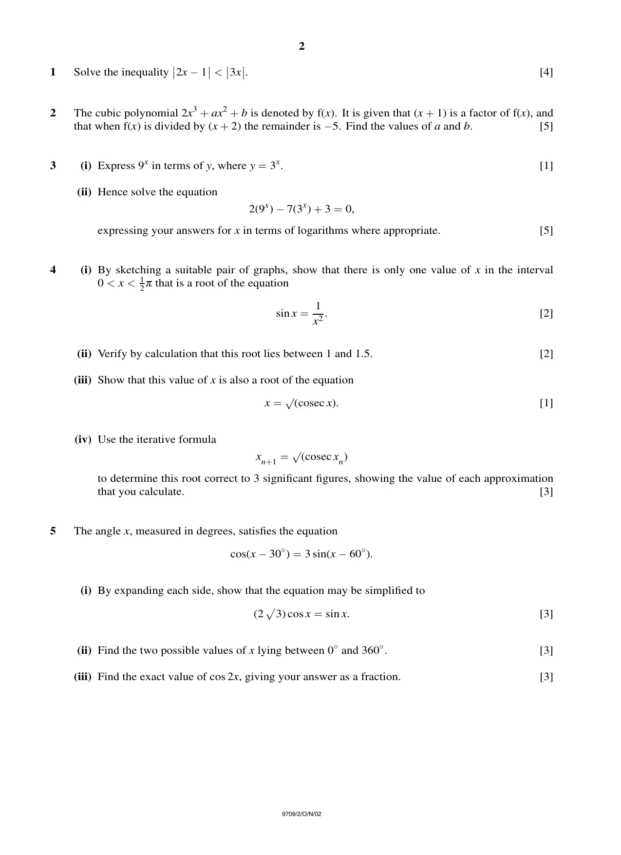 Cambridge A Level Mathematics 9709 2002 Oct/Nov Paper 2 · Variant 1 question paper, page 2 of 4