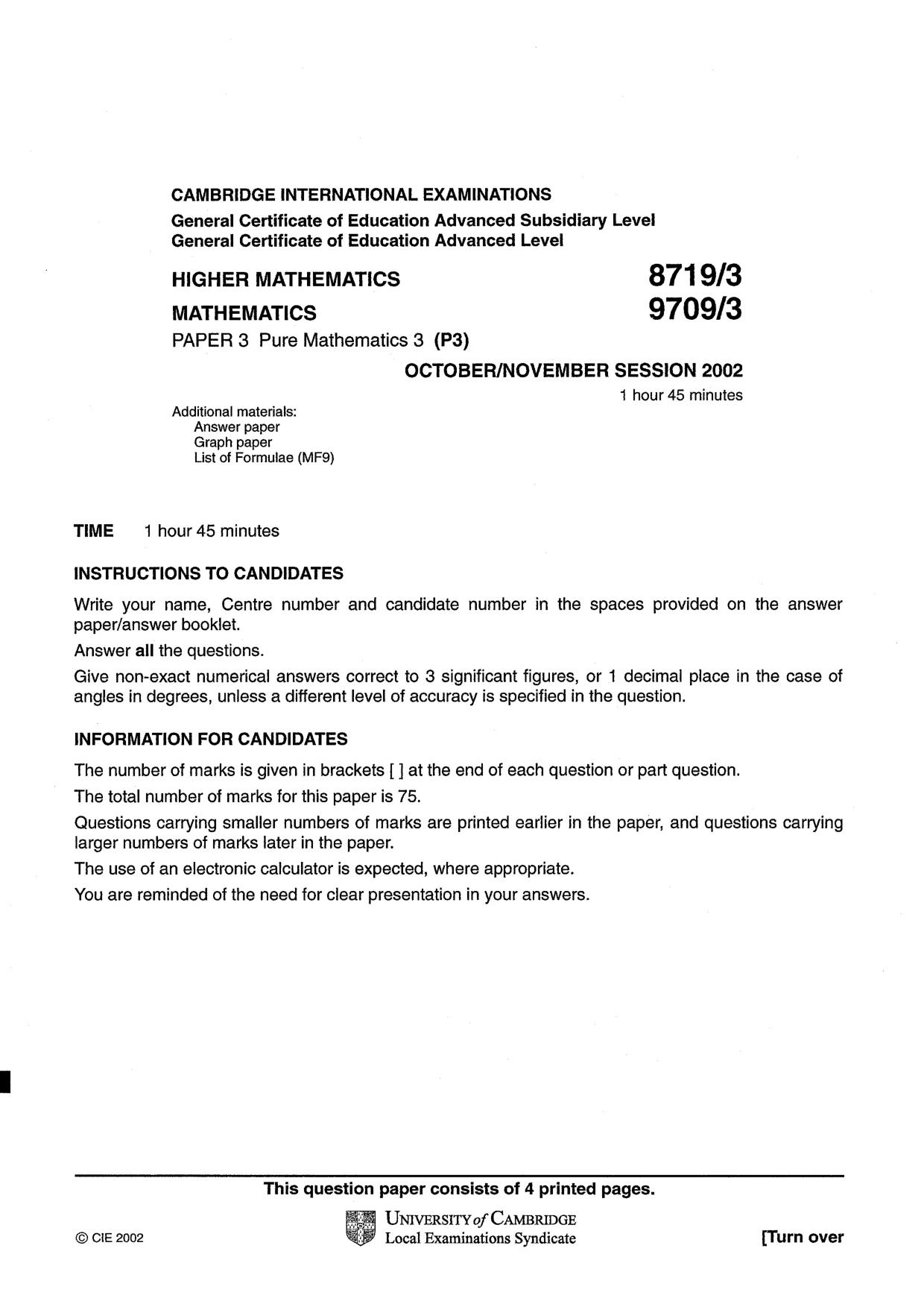 Cambridge A Level Mathematics 9709 2002 Oct/Nov Paper 3 · Variant 1 question paper, page 1 of 4