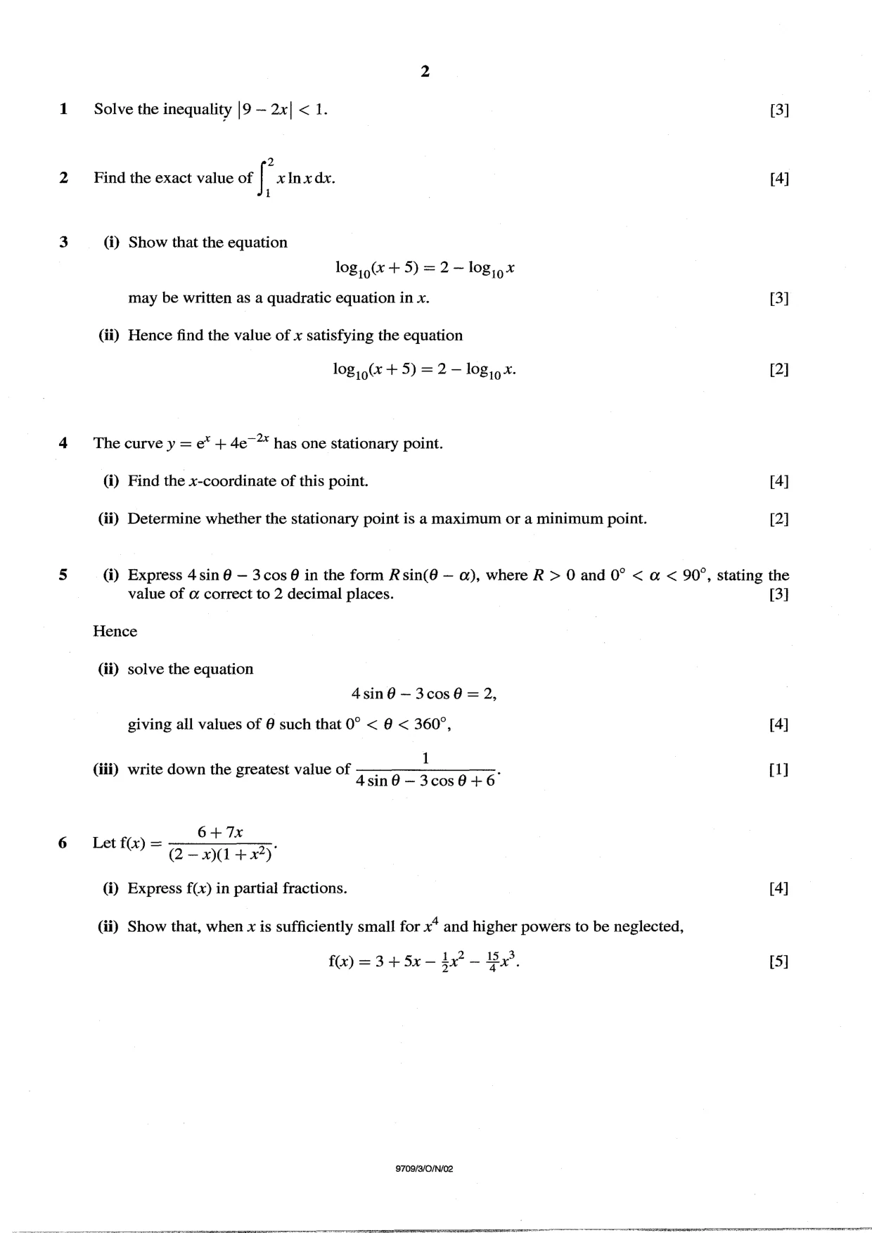 Cambridge A Level Mathematics 9709 2002 Oct/Nov Paper 3 · Variant 1 question paper, page 2 of 4