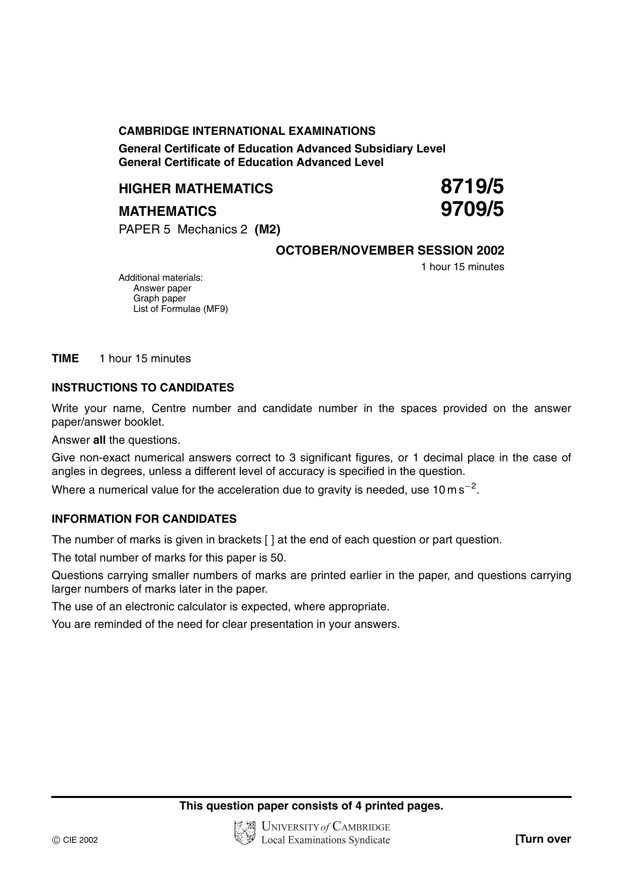 Cambridge A Level Mathematics 9709 2002 Oct/Nov Paper 5 · Variant 1 question paper, page 1 of 4
