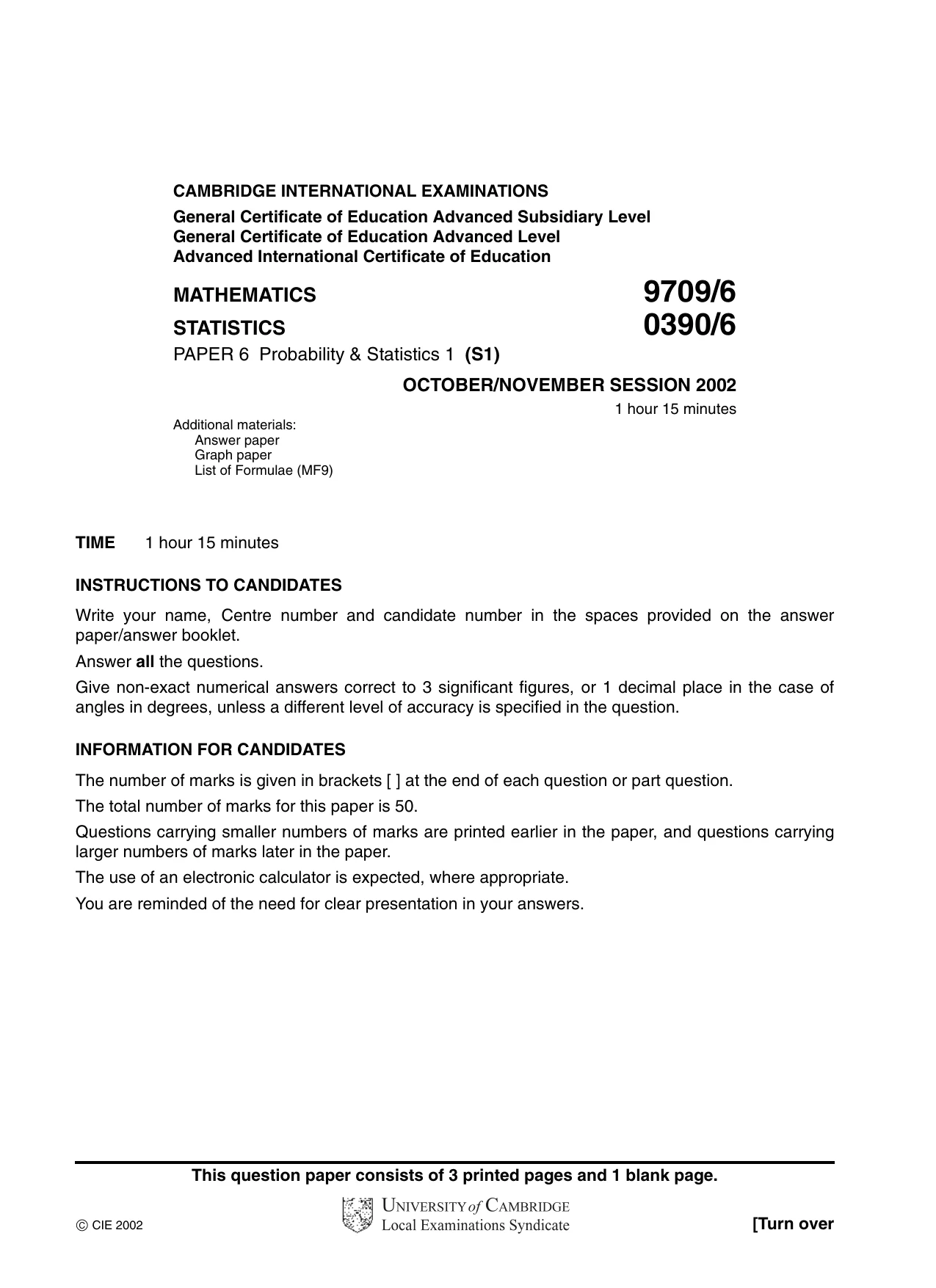 Cambridge A Level Mathematics 9709 2002 Oct/Nov Paper 6 · Variant 1 question paper, page 1 of 4