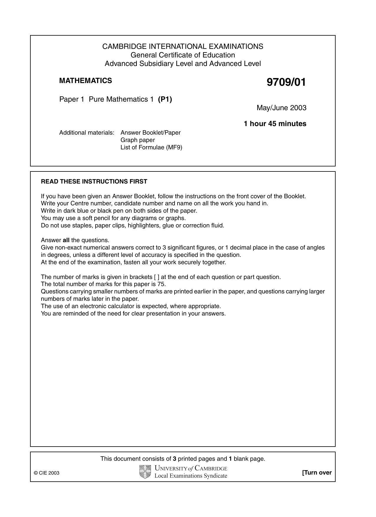 Cambridge A Level Mathematics 9709 2003 May/June Paper 1 · Variant 1 question paper, page 1 of 4