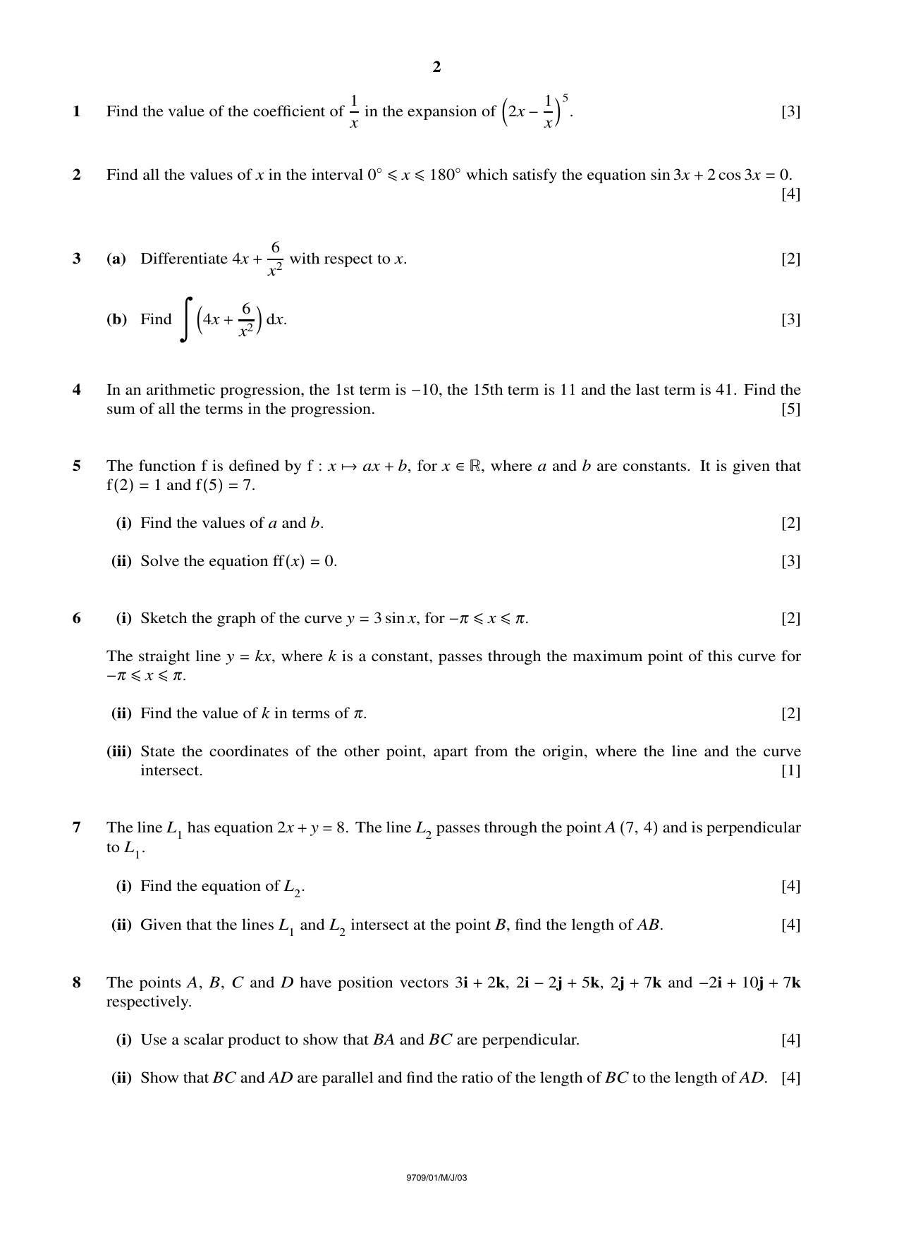 Cambridge A Level Mathematics 9709 2003 May/June Paper 1 · Variant 1 question paper, page 2 of 4